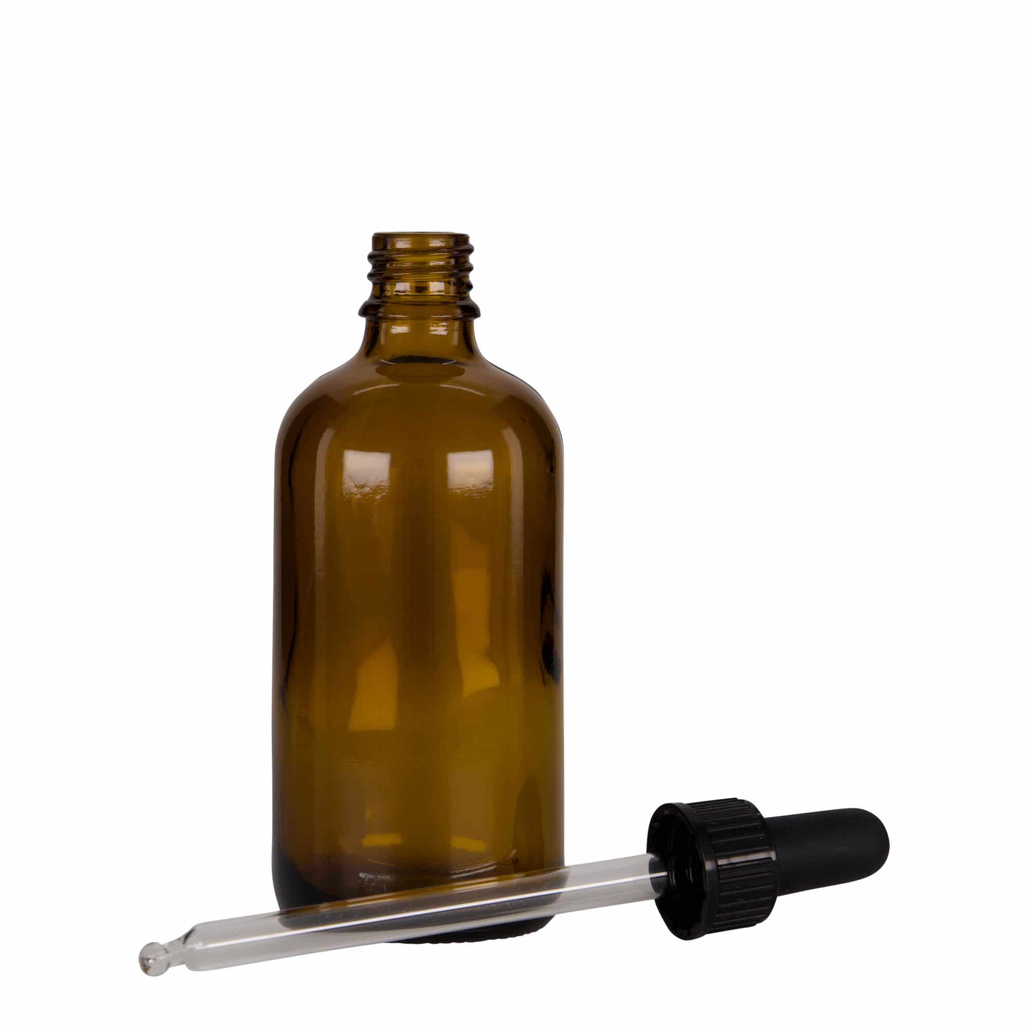 100 ml butelka farmaceutyczna z pipetą, szkło, kolor brązowo-czarny, zamknięcie: DIN 18 100 ml butelka farmaceutyczna z pipetą, szkło, kolor brązowo-czarny, zamknięcie: DIN 18
