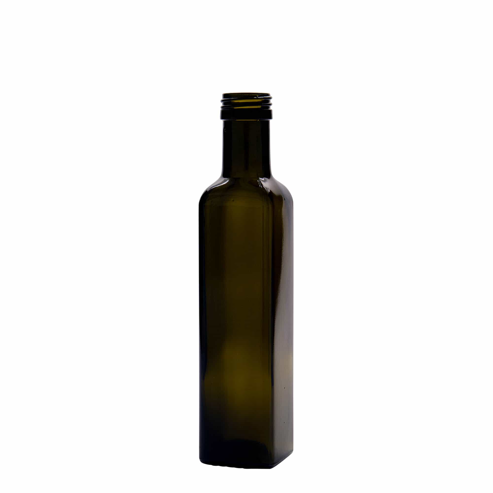 250 ml szklana butelka 'Marasca', kwadratowa, antyczna zieleń, szyjka: PP 31,5