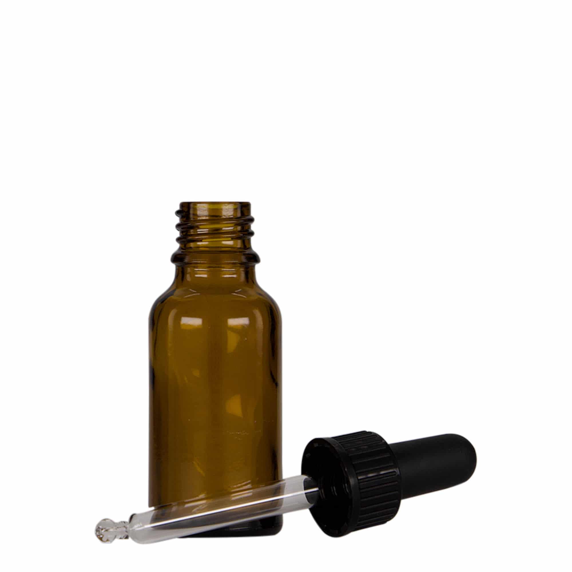 20 ml butelka farmaceutyczna z pipetą, szkło, kolor brązowo-czarny, zamknięcie: DIN 18