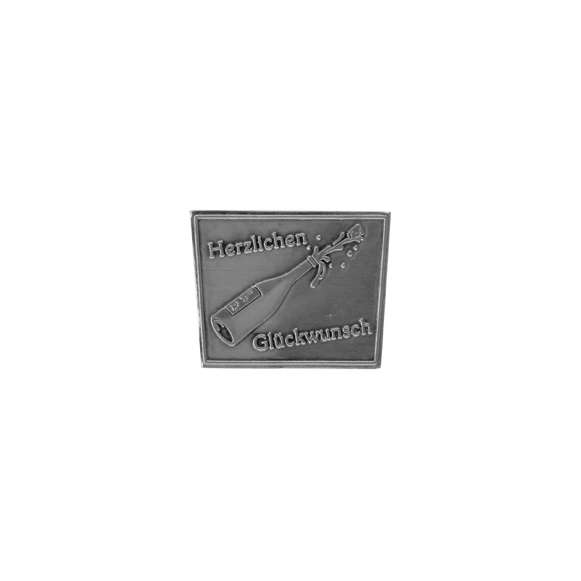 Etykieta cynowa 'Gratulacje', trapezowa, metal, kolor srebrny