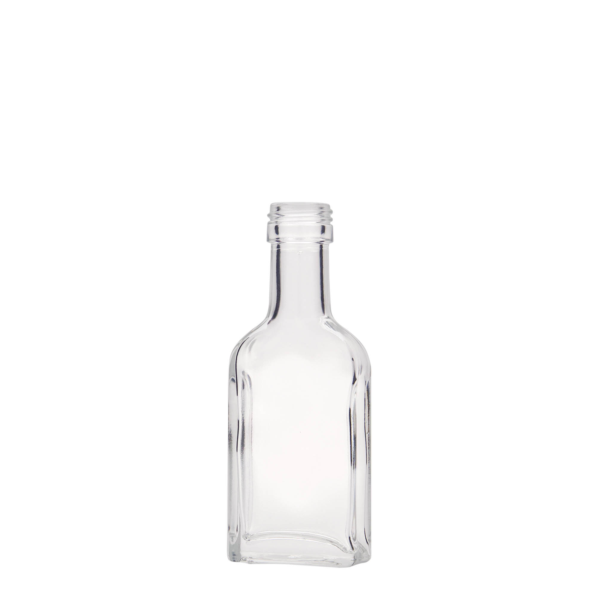 40 ml butelka kieszonkowa z długą szyjką, prostokątna, szkło, wlew: PP 22 40 ml butelka kieszonkowa z długą szyjką, prostokątna, szkło, wlew: PP 22