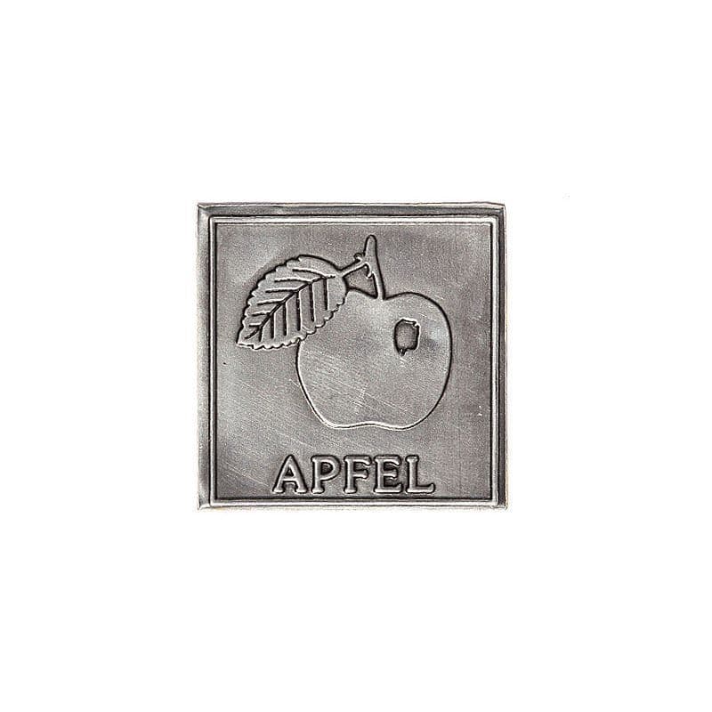 Etykieta cynowa 'Jabłko', kwadratowa, metal, kolor srebrny