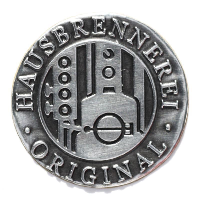 Etykieta cynowa 'Domowa destylarnia', okrągła, metal, kolor srebrny