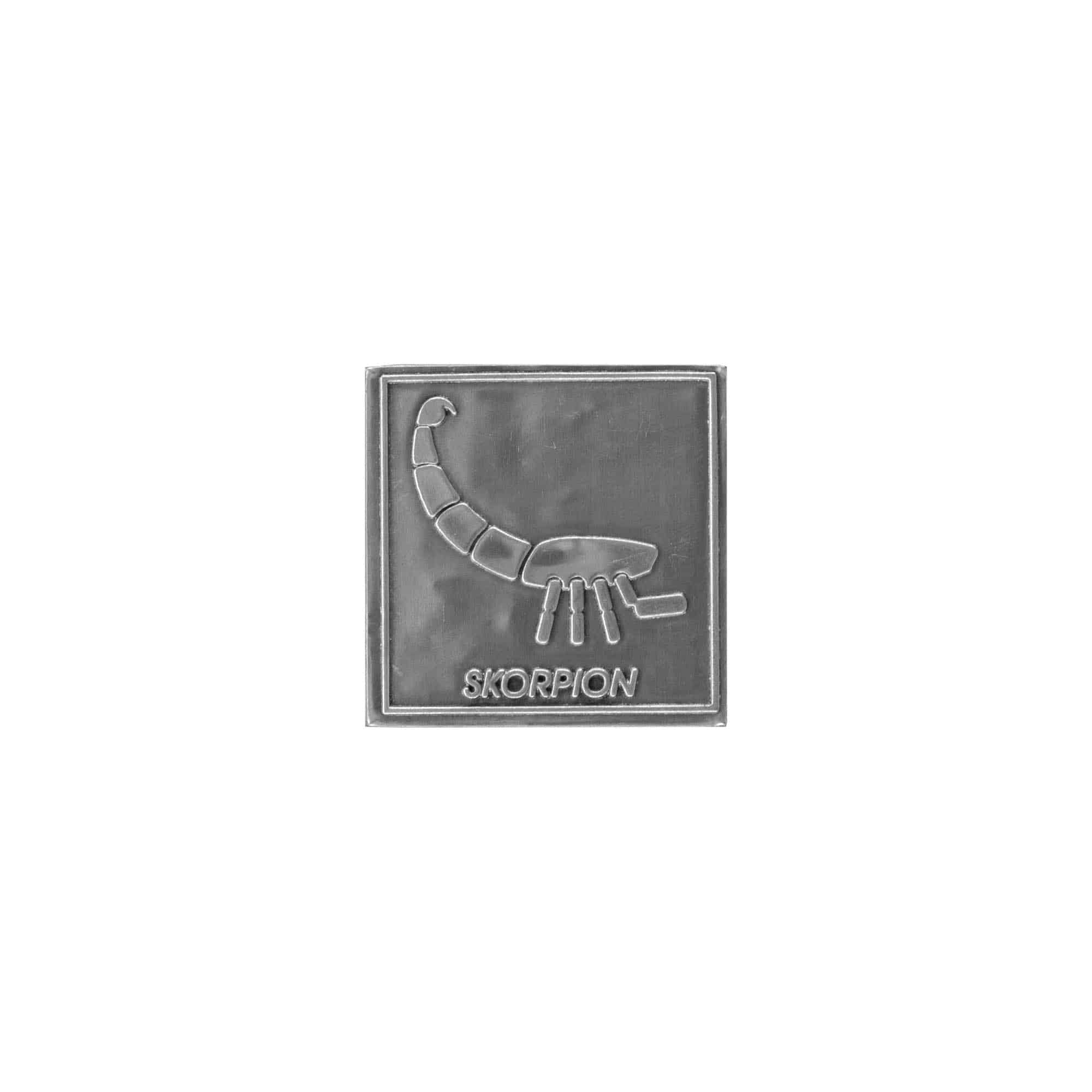 Etykieta cynowa 'Skorpion', kwadratowa, metal, kolor srebrny
