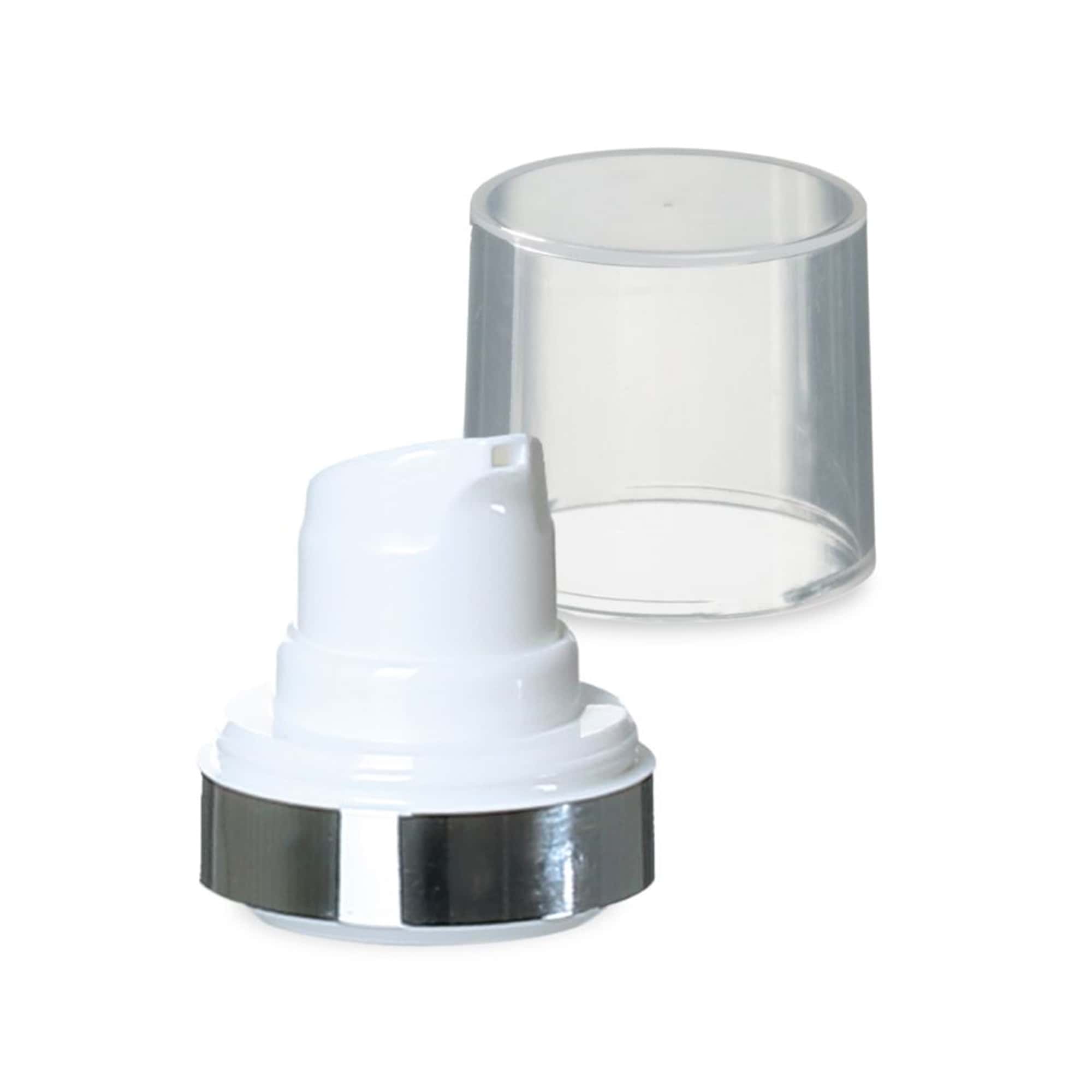 Głowica airless Micro z srebrną obwódką + naturalna, błyszcząca nasadka na zatrzask Głowica airless Micro z srebrną obwódką + naturalna, błyszcząca nasadka na zatrzask