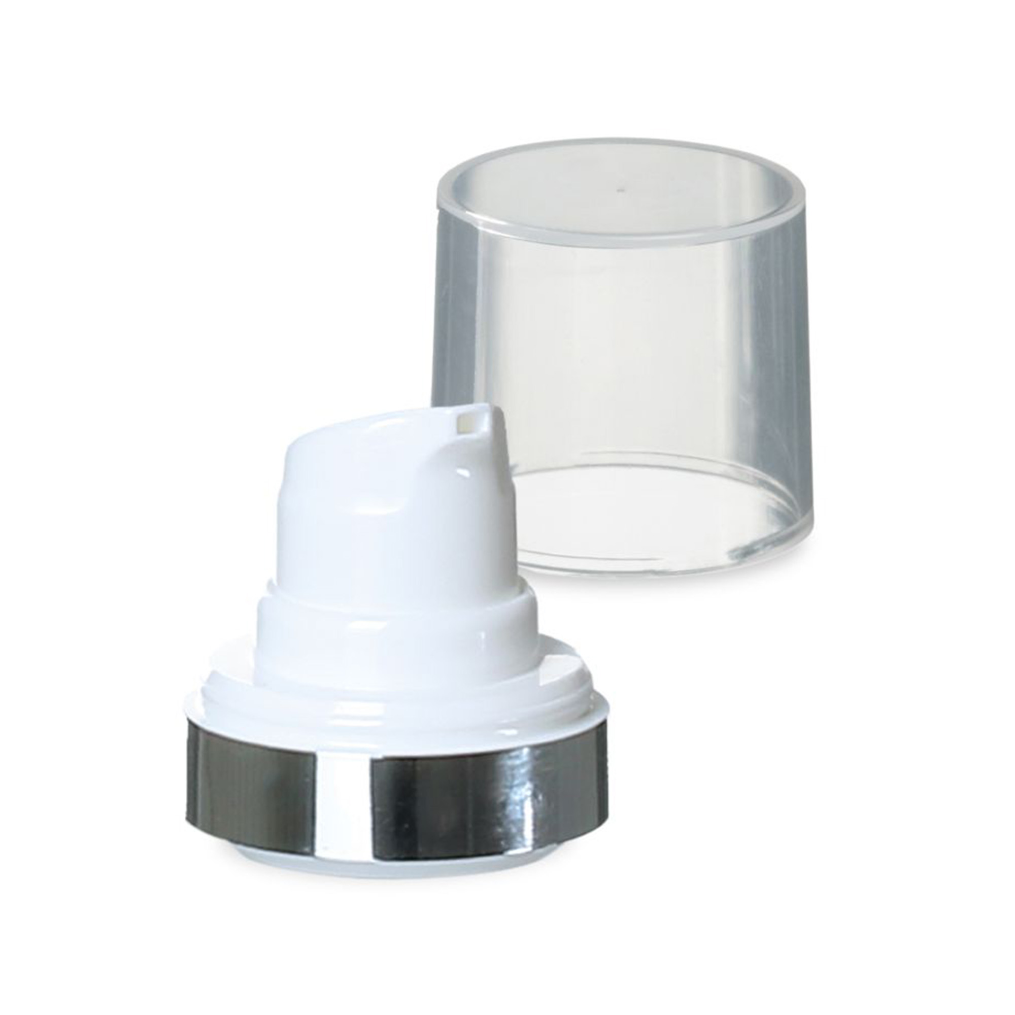 Głowica airless Micro z srebrną obwódką + naturalna, błyszcząca nasadka na zatrzask Głowica airless Micro z srebrną obwódką + naturalna, błyszcząca nasadka na zatrzask