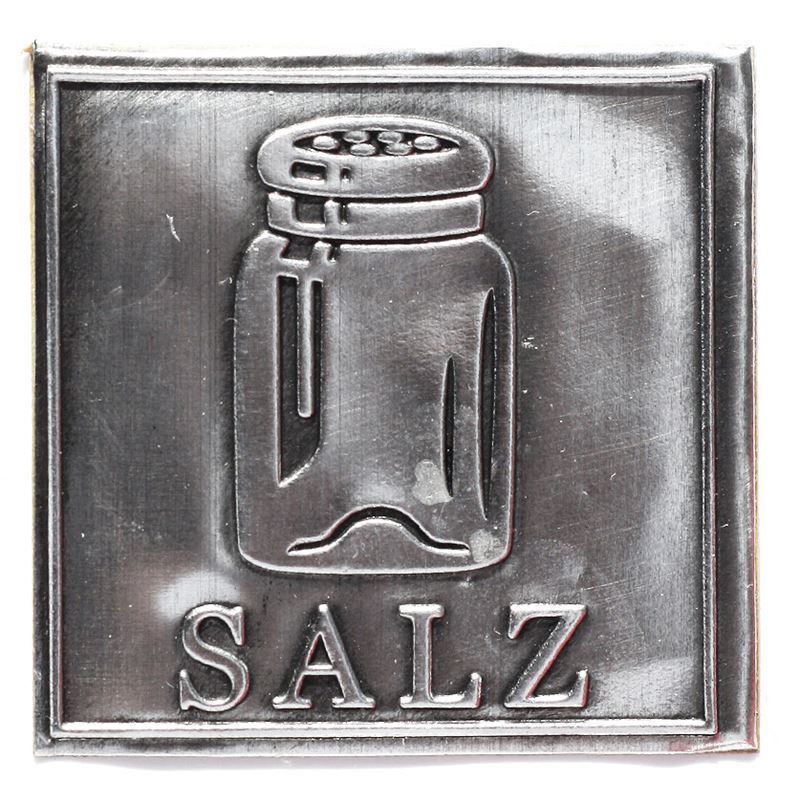 Etykieta cynowa 'Sól', kwadratowa, metal, kolor srebrny