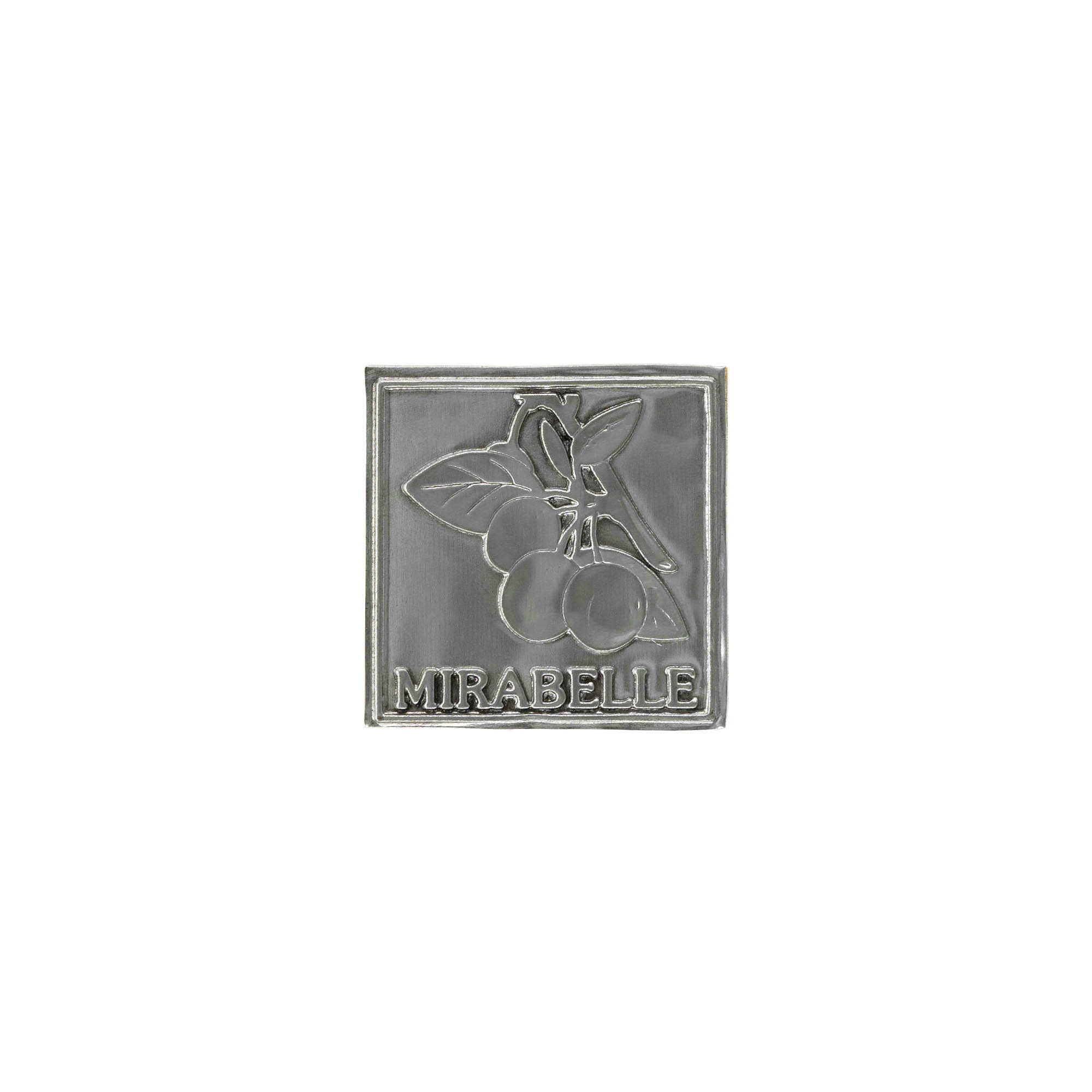 Etykieta cynowa „Mirabelle”, kwadratowa, metalowa, srebrna