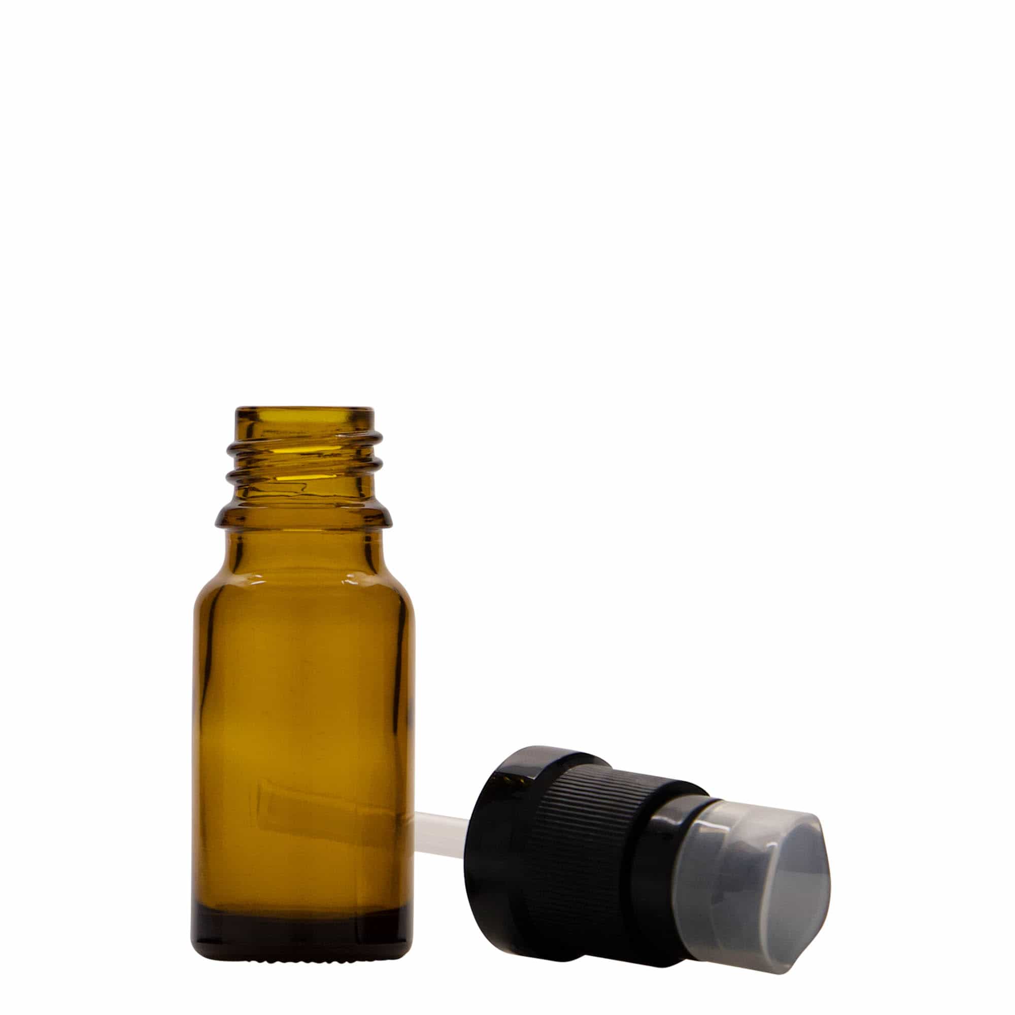 10 ml butelka medyczna z pompką do lotionu, szkło, brązowa, szyjka: DIN 18