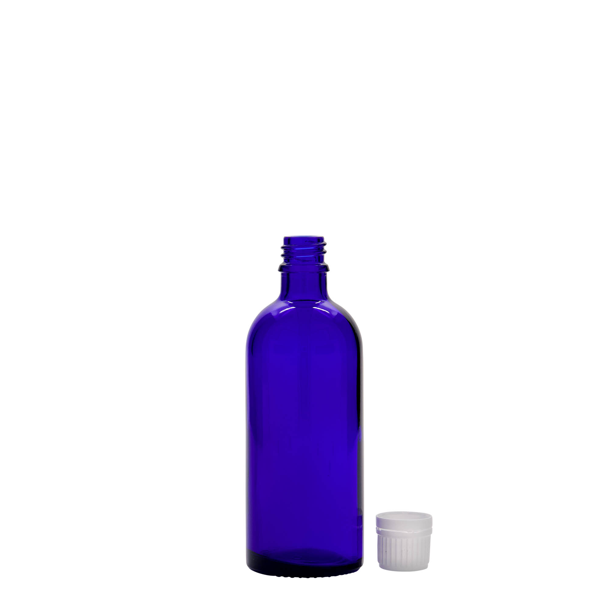 100 ml butelka medyczna, szkło, królewski niebieski, szyjka: DIN 18 100 ml butelka medyczna, szkło, królewski niebieski, szyjka: DIN 18