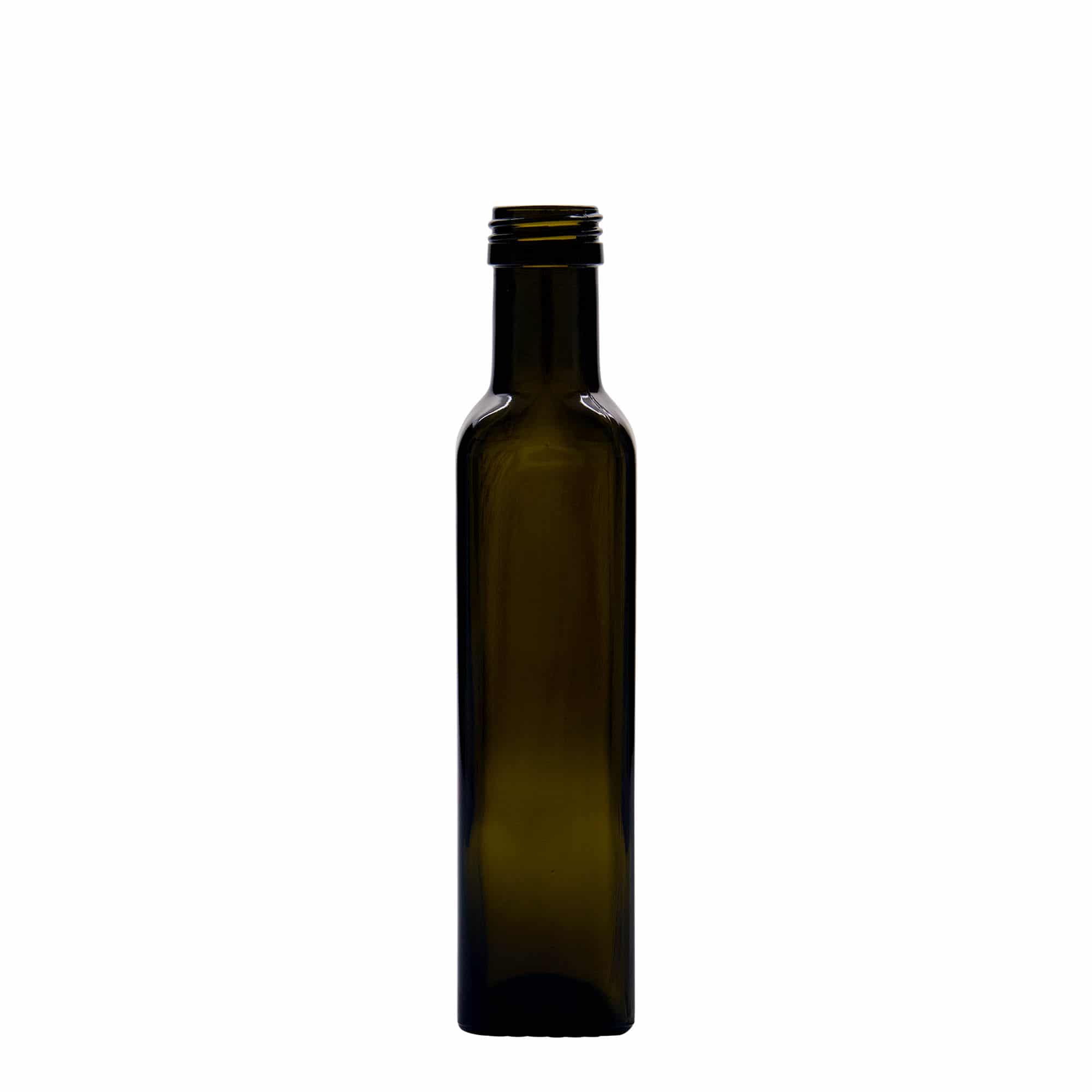 250 ml butelka szklana 'Marasca', kwadratowa, kolor zielony antyczny, zamknięcie: PP 31,5 250 ml butelka szklana 'Marasca', kwadratowa, kolor zielony antyczny, zamknięcie: PP 31,5