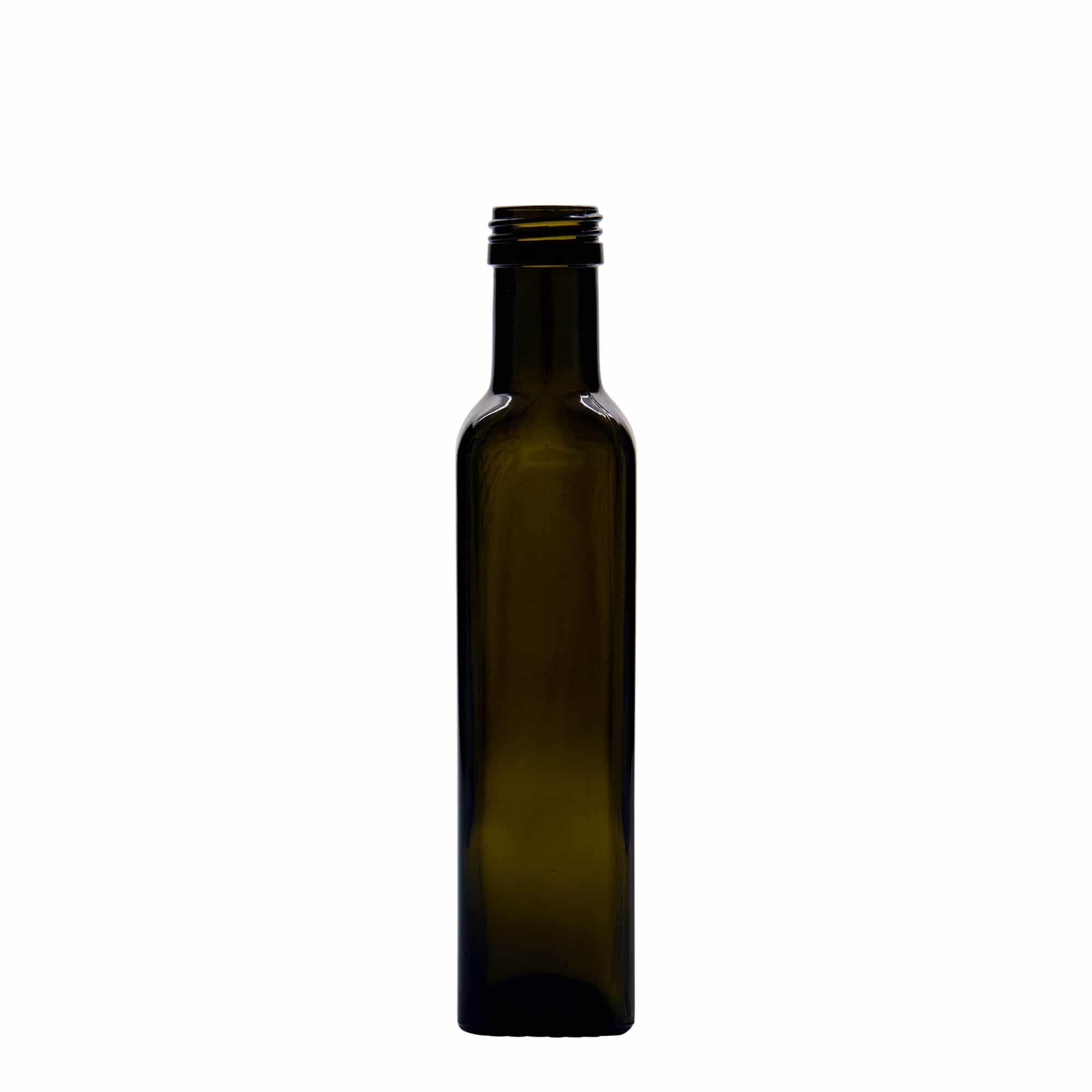 250 ml szklana butelka 'Marasca', kwadratowa, antyczna zieleń, szyjka: PP 31,5