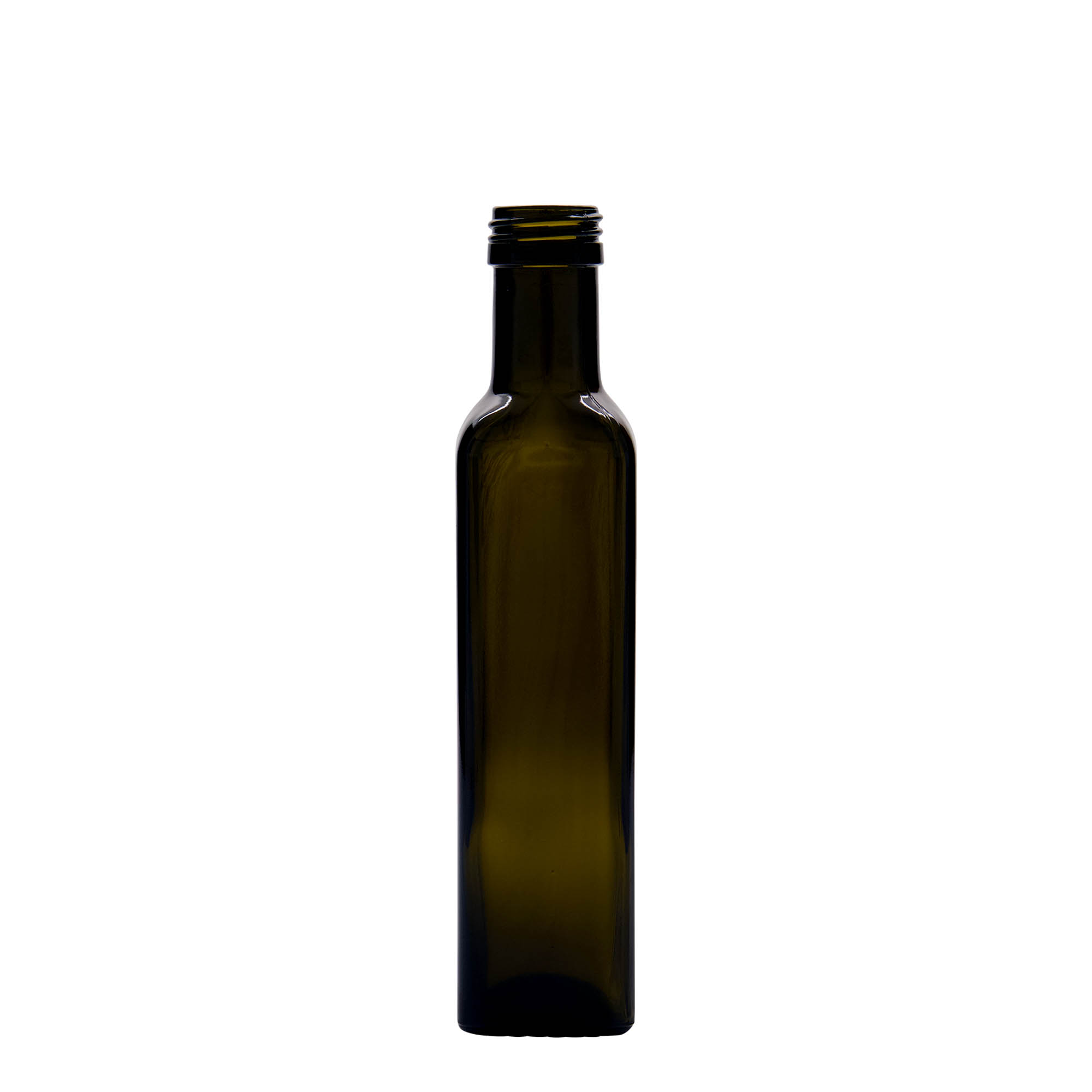 250 ml szklana butelka 'Marasca', kwadratowa, antyczna zieleń, szyjka: PP 31,5