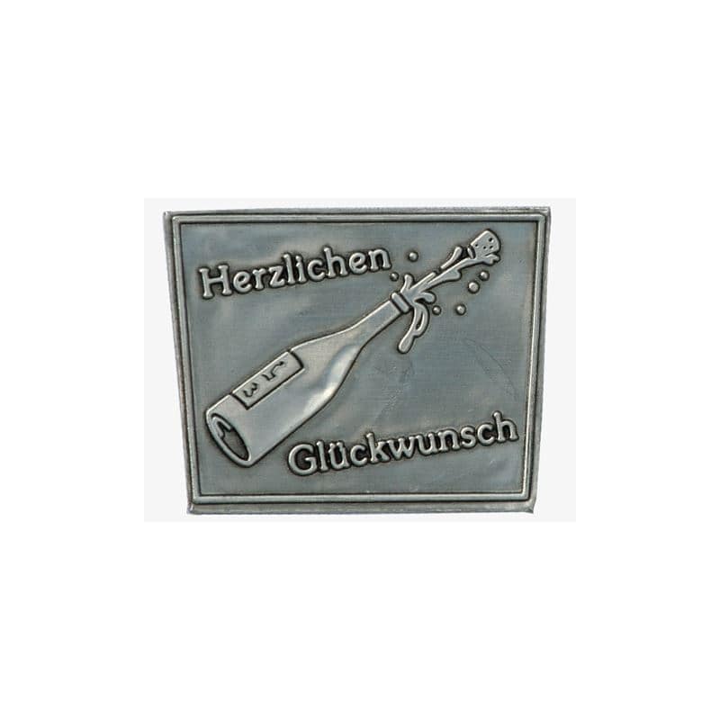 Etykieta cynowa 'Gratulacje', trapezowa, metal, kolor srebrny