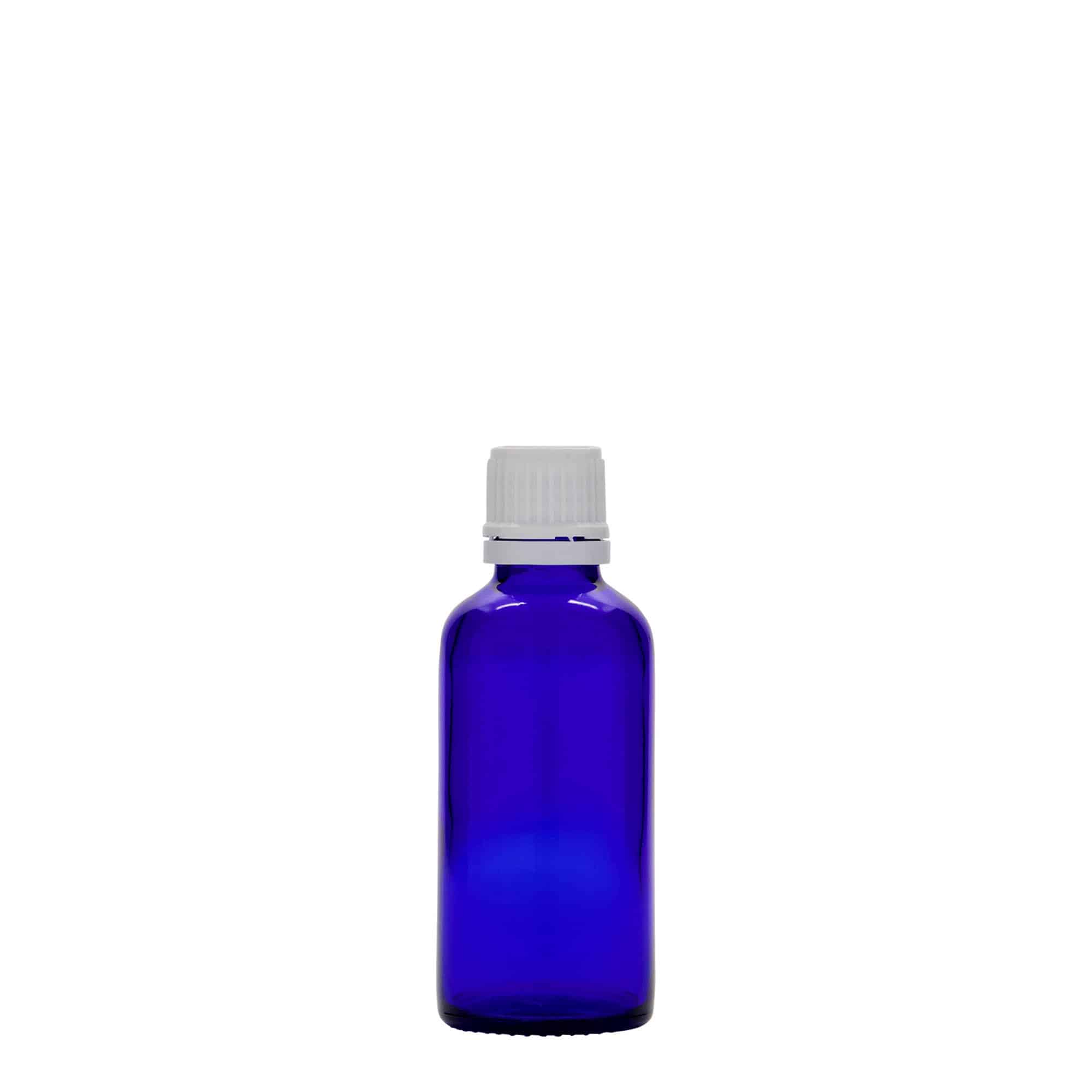 50 ml butelka farmaceutyczna, szkło, kolor błękit królewski, zamknięcie: DIN 18