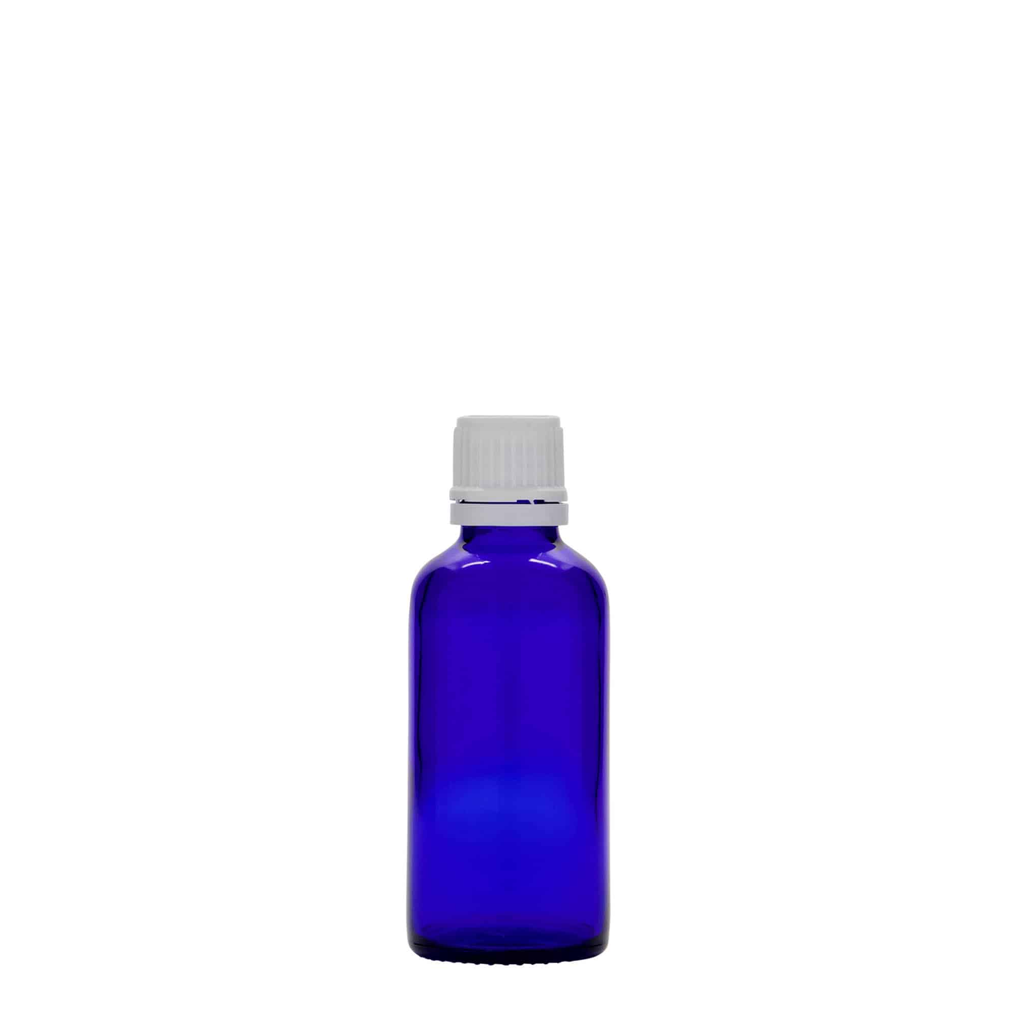 50 ml butelka medyczna, szkło, królewski niebieski, szyjka: DIN 18
