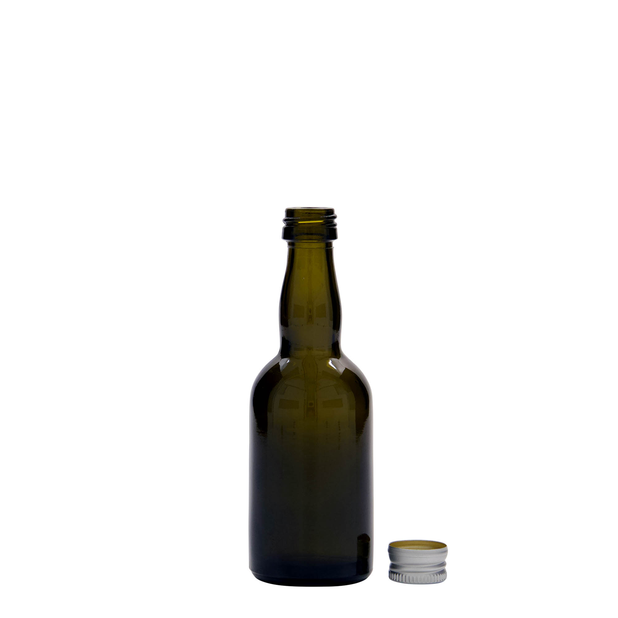 50 ml butelka szklana 'Proba', antyczna zieleń, gwint: PP 18 50 ml butelka szklana 'Proba', antyczna zieleń, gwint: PP 18