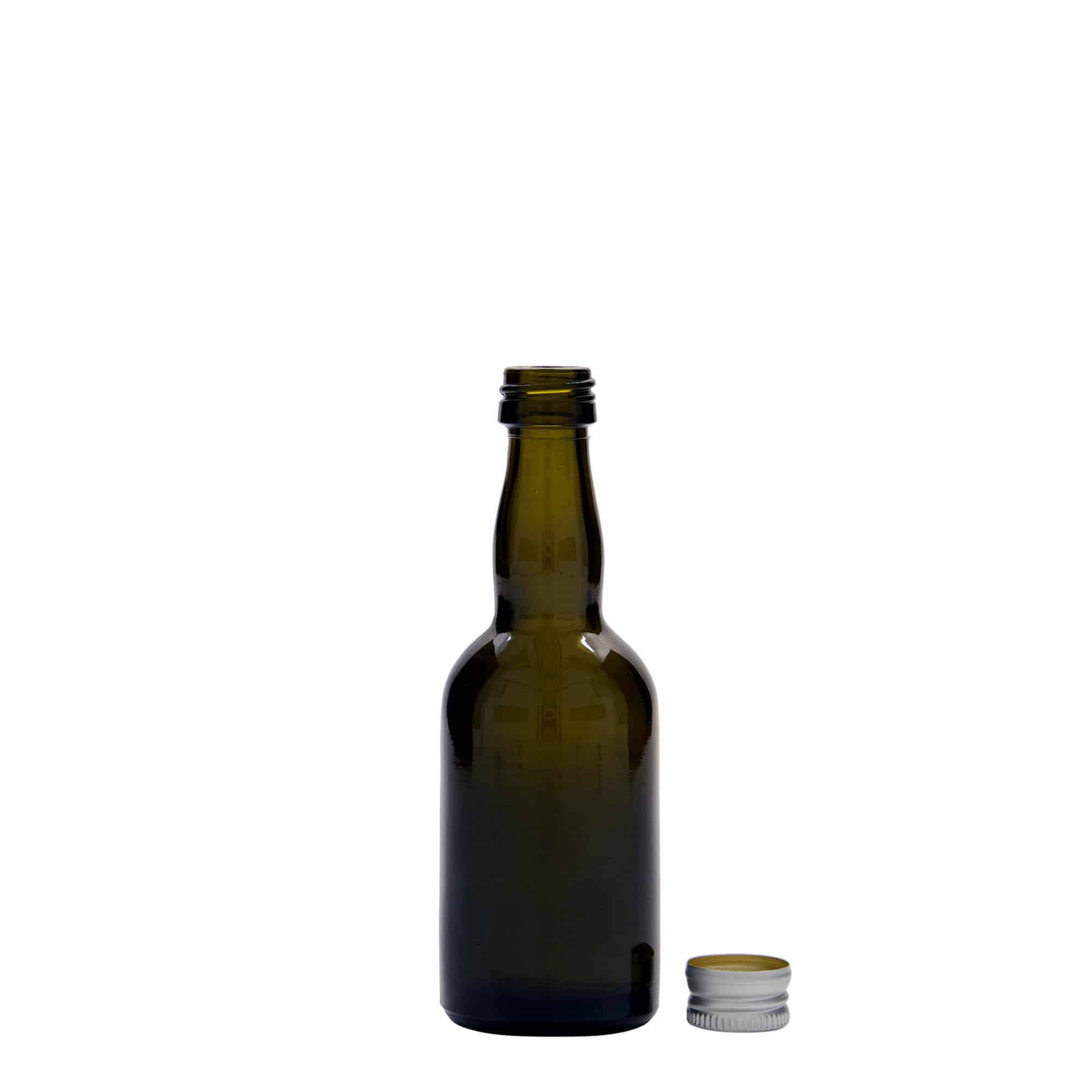 50 ml butelka szklana 'Proba', antyczna zieleń, gwint: PP 18