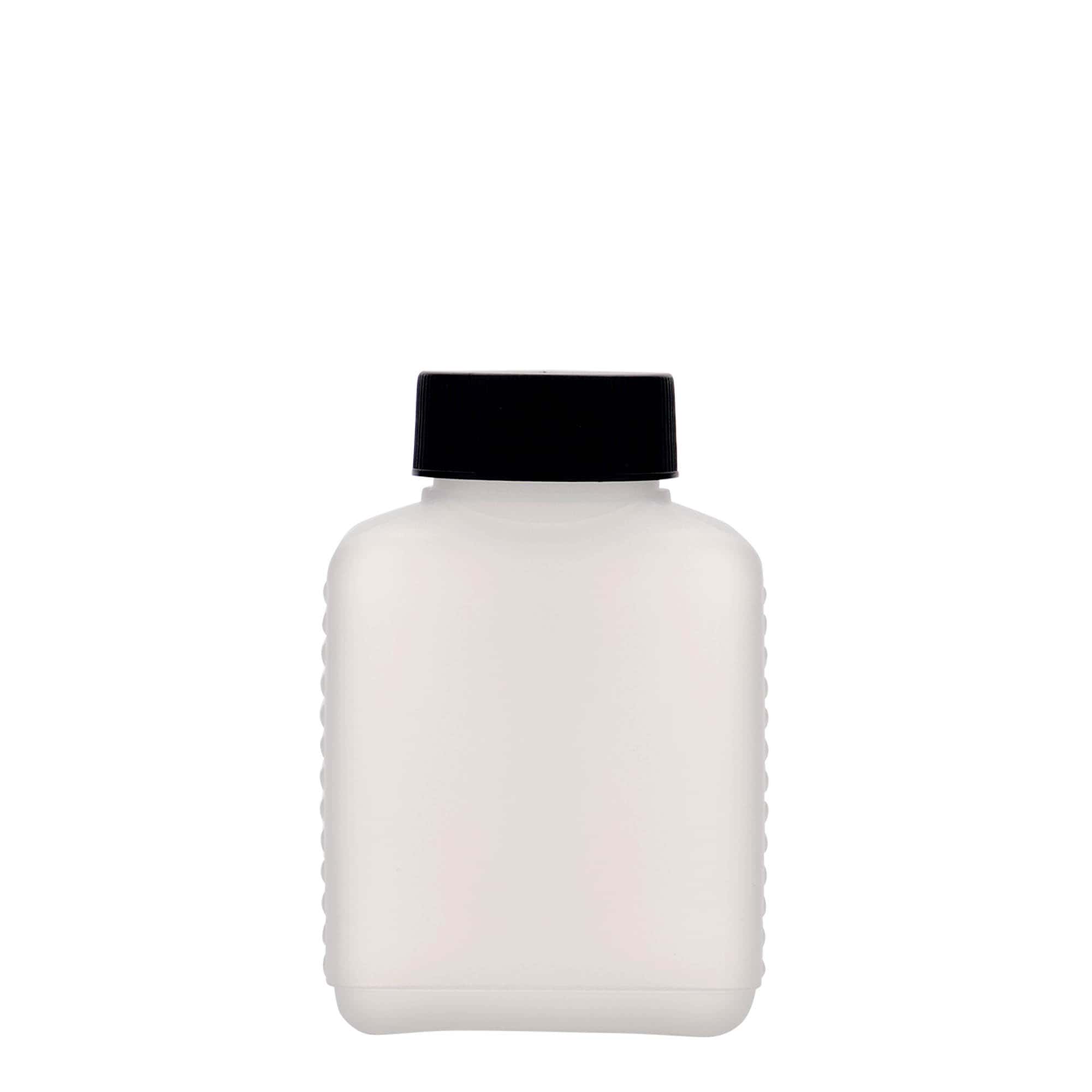 250 ml butelka z szeroką szyjką, prostokątna, tworzywo sztuczne HDPE, kolor naturalny, zamknięcie: DIN 40 EPE