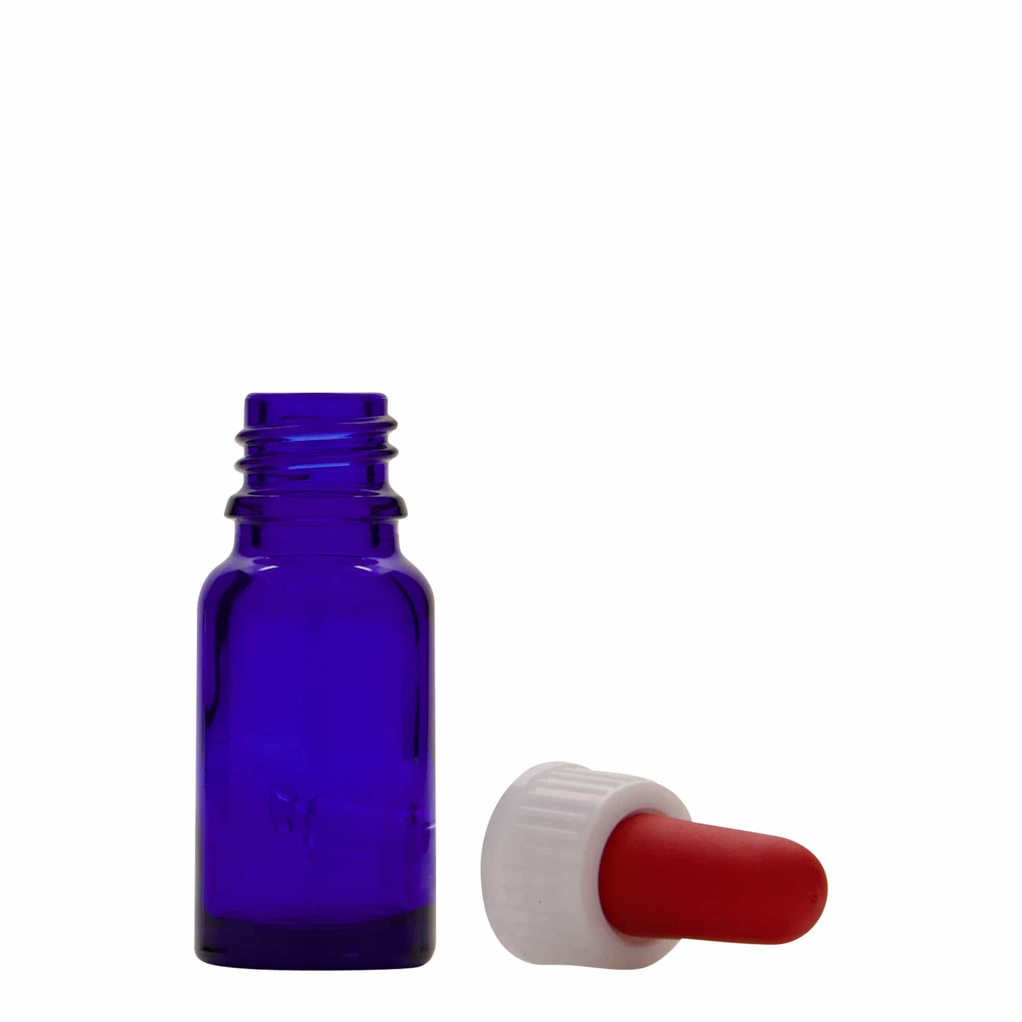 10 ml butelka farmaceutyczna z pipetą, szkło, kolor błękit królewski i czerwony, zamknięcie: DIN 18