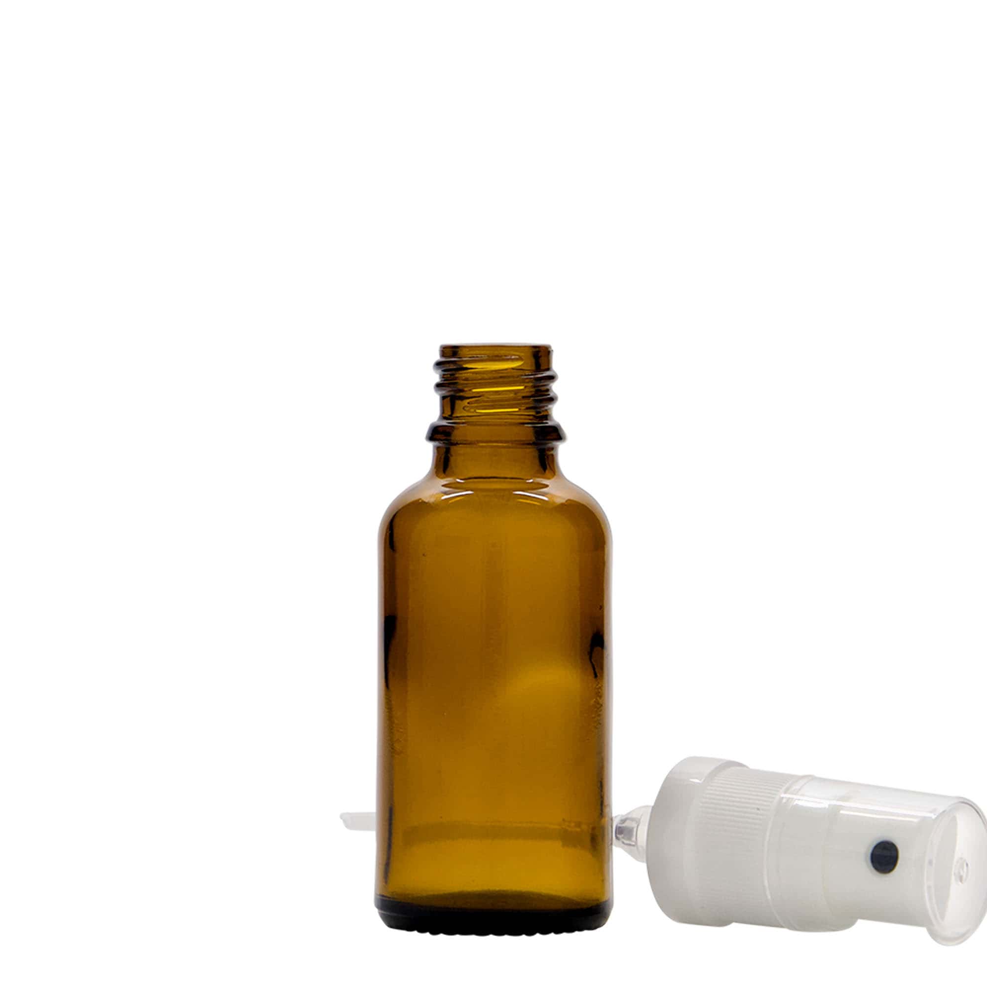 30 ml butelka z rozpylaczem, medyczna, szklana, brązowa, gwint: DIN 18 30 ml butelka z rozpylaczem, medyczna, szklana, brązowa, gwint: DIN 18