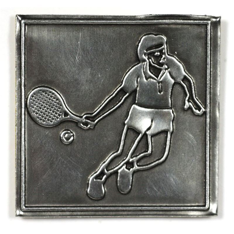 Etykieta cynowa „Tennis”, kwadratowa, metalowa, srebrna Etykieta cynowa „Tennis”, kwadratowa, metalowa, srebrna