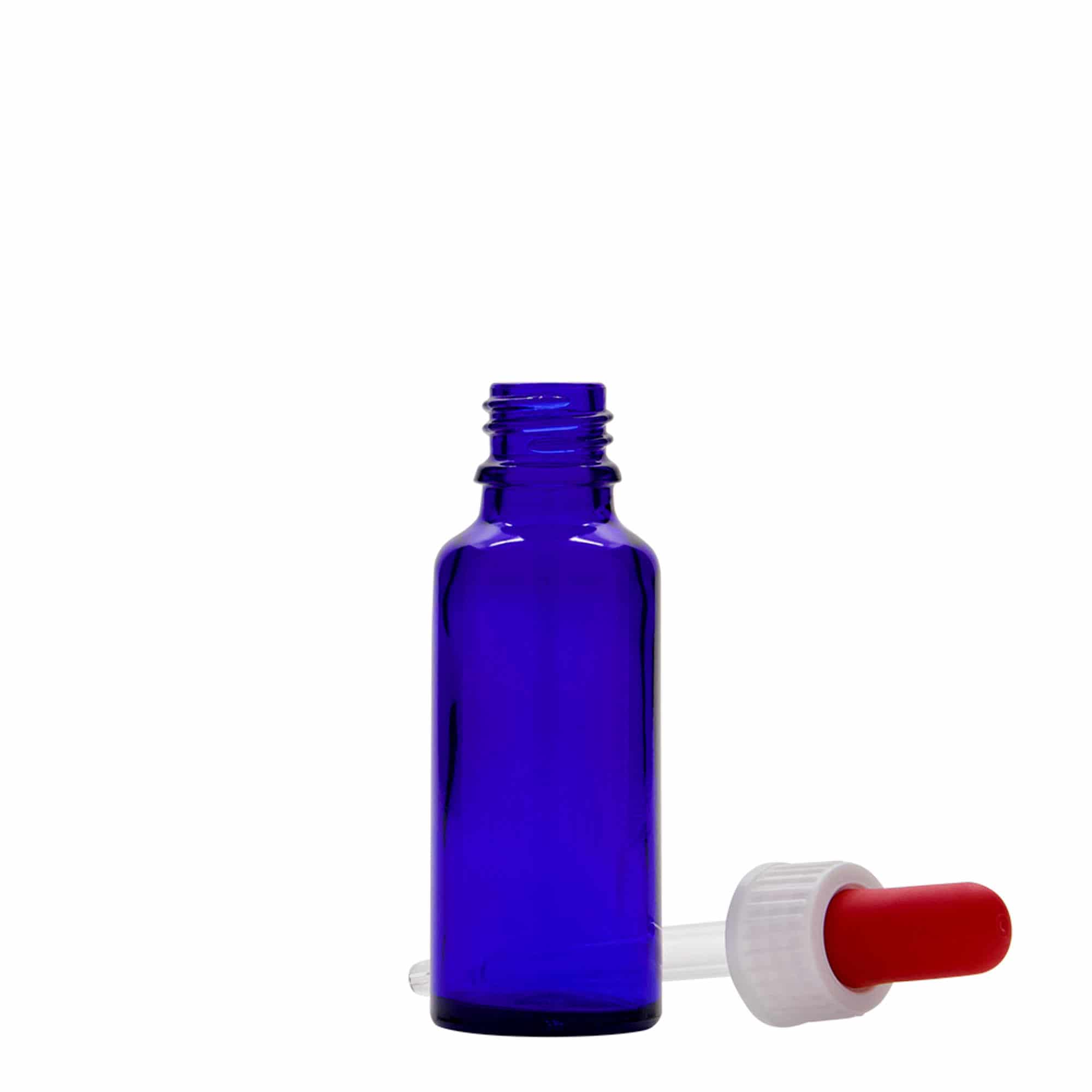 30 ml butelka farmaceutyczna z pipetą, szkło, kolor błękit królewski i czerwony, zamknięcie: DIN 18