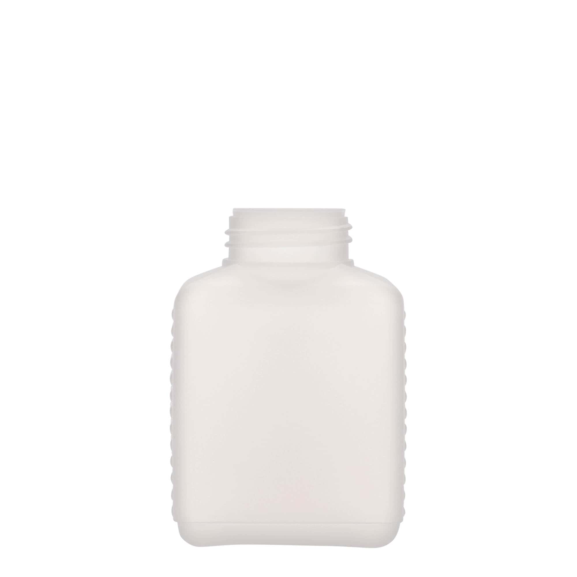 250 ml butelka z szeroką szyjką, prostokątna, tworzywo sztuczne HDPE, kolor naturalny, zamknięcie: DIN 40 EPE