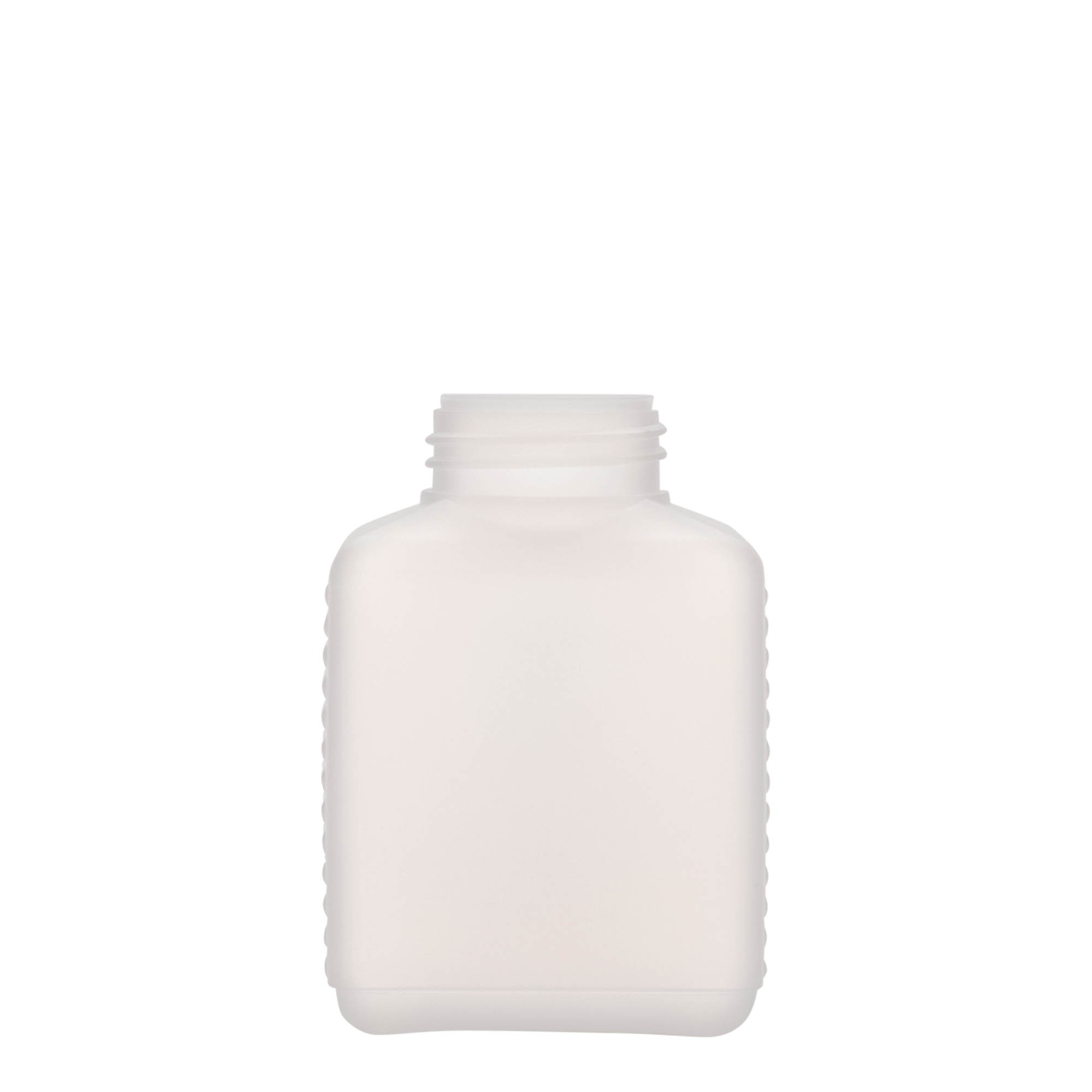 250 ml butelka szerokootworowa, prostokątna, tworzywo HDPE, naturalna, gwint: DIN 40 EPE