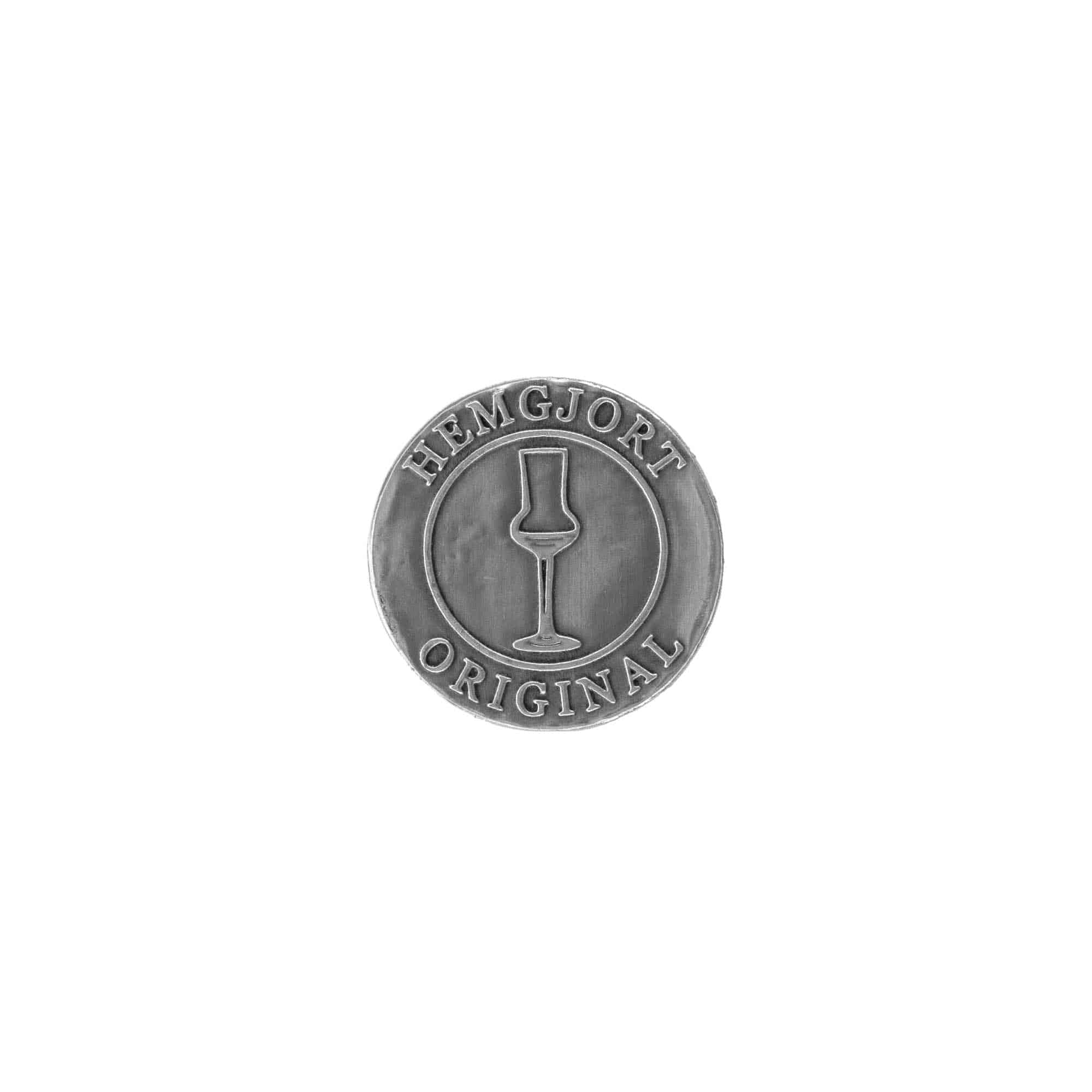 Etykieta cynowa 'Hemgjort Original', okrągła, metal, kolor srebrny