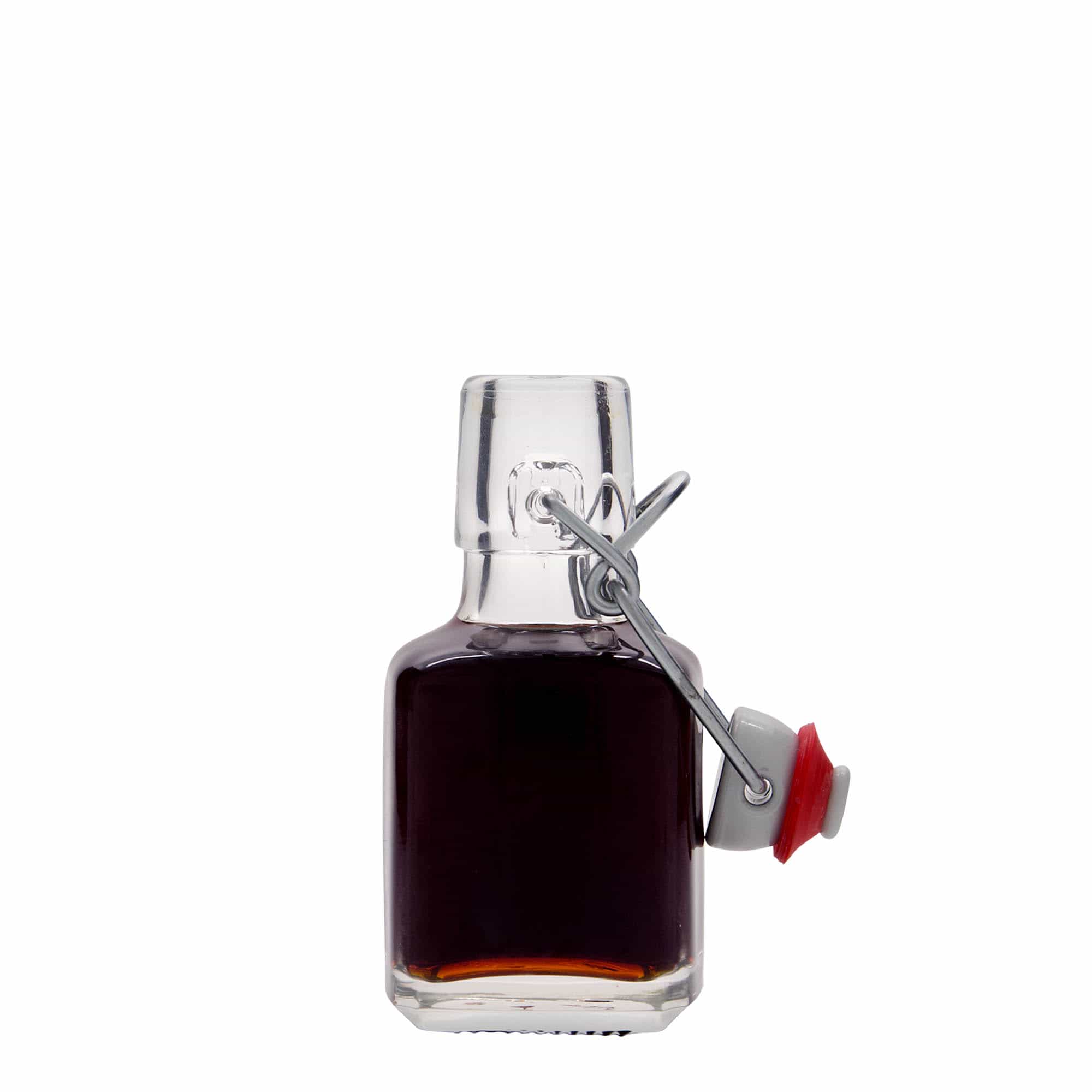 100 ml butelka szklana „Kubica”, kwadratowa, wylot: zamknięcie na klamrę 100 ml butelka szklana „Kubica”, kwadratowa, wylot: zamknięcie na klamrę