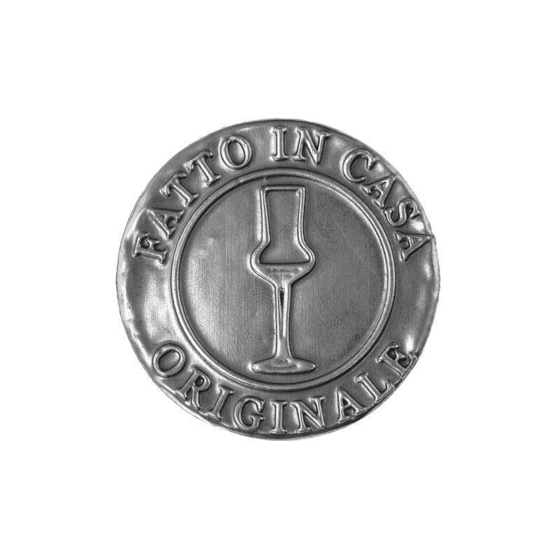 Etykieta cynowa „Fatto in Casa”, okrągła, metalowa, srebrna Etykieta cynowa „Fatto in Casa”, okrągła, metalowa, srebrna