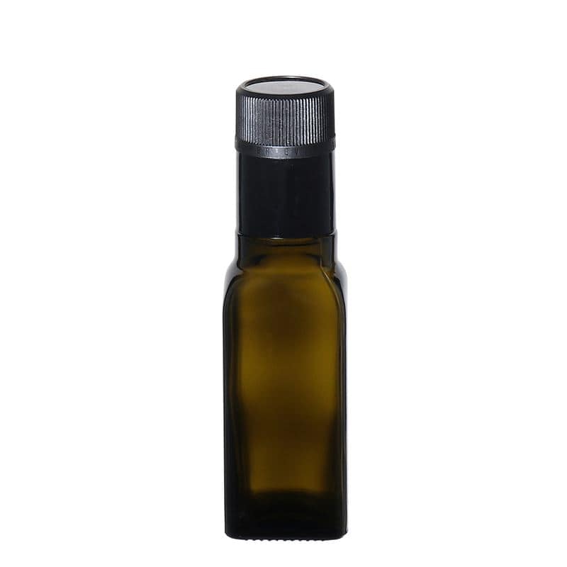 100 ml butelka na ocet/olej 'Quadra', szkło, kwadratowa, kolor zielony antyczny, zamknięcie: DOP