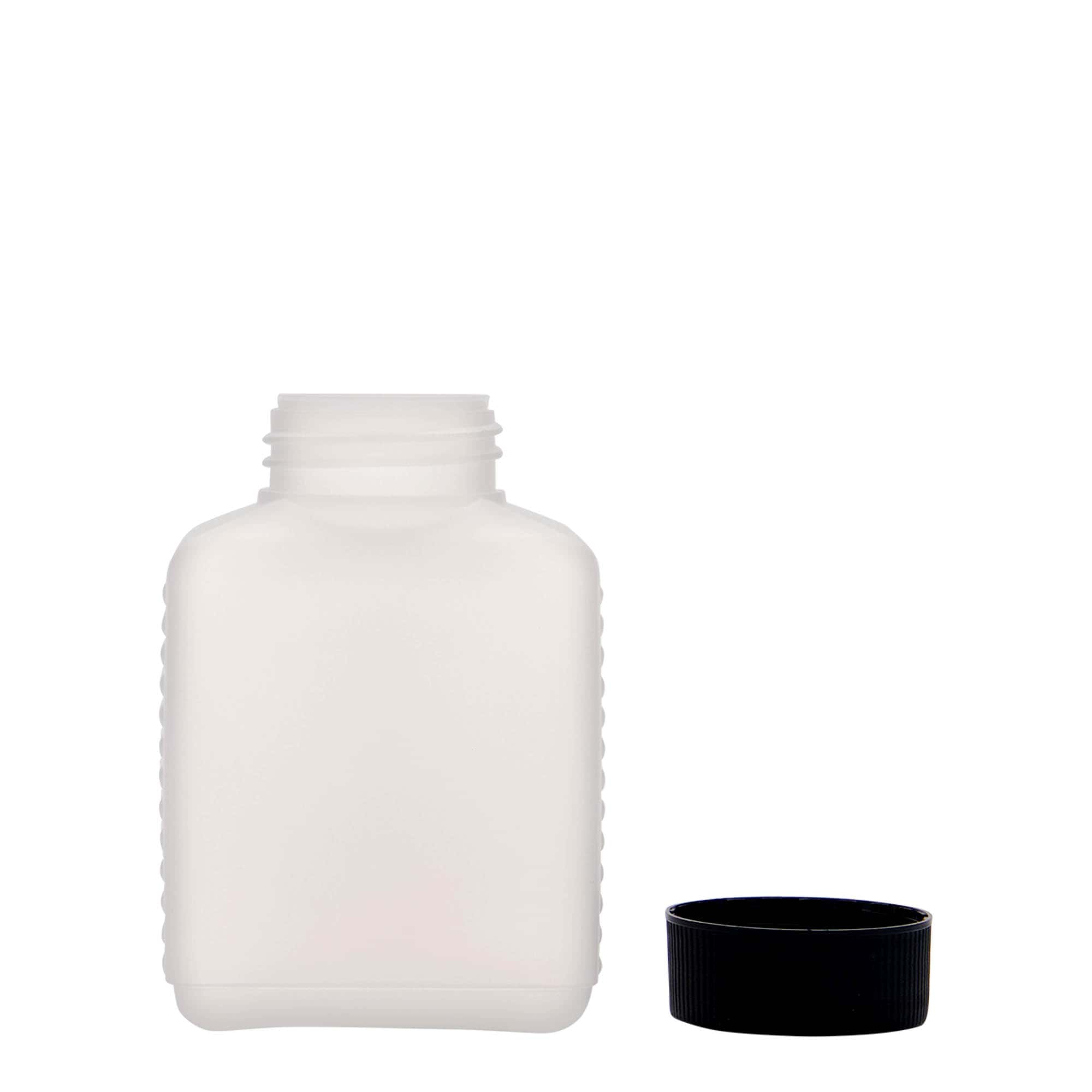250 ml butelka z szeroką szyjką, prostokątna, tworzywo sztuczne HDPE, kolor naturalny, zamknięcie: DIN 40 EPE
