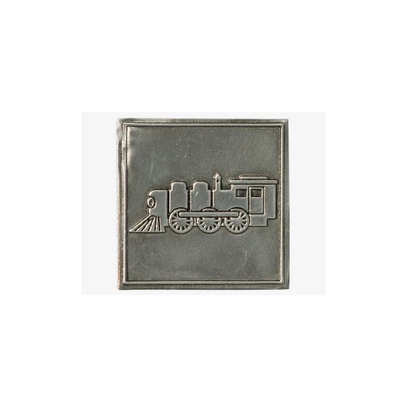 Etykieta cynowa 'Lokomotywa', kwadratowa, metal, kolor srebrny