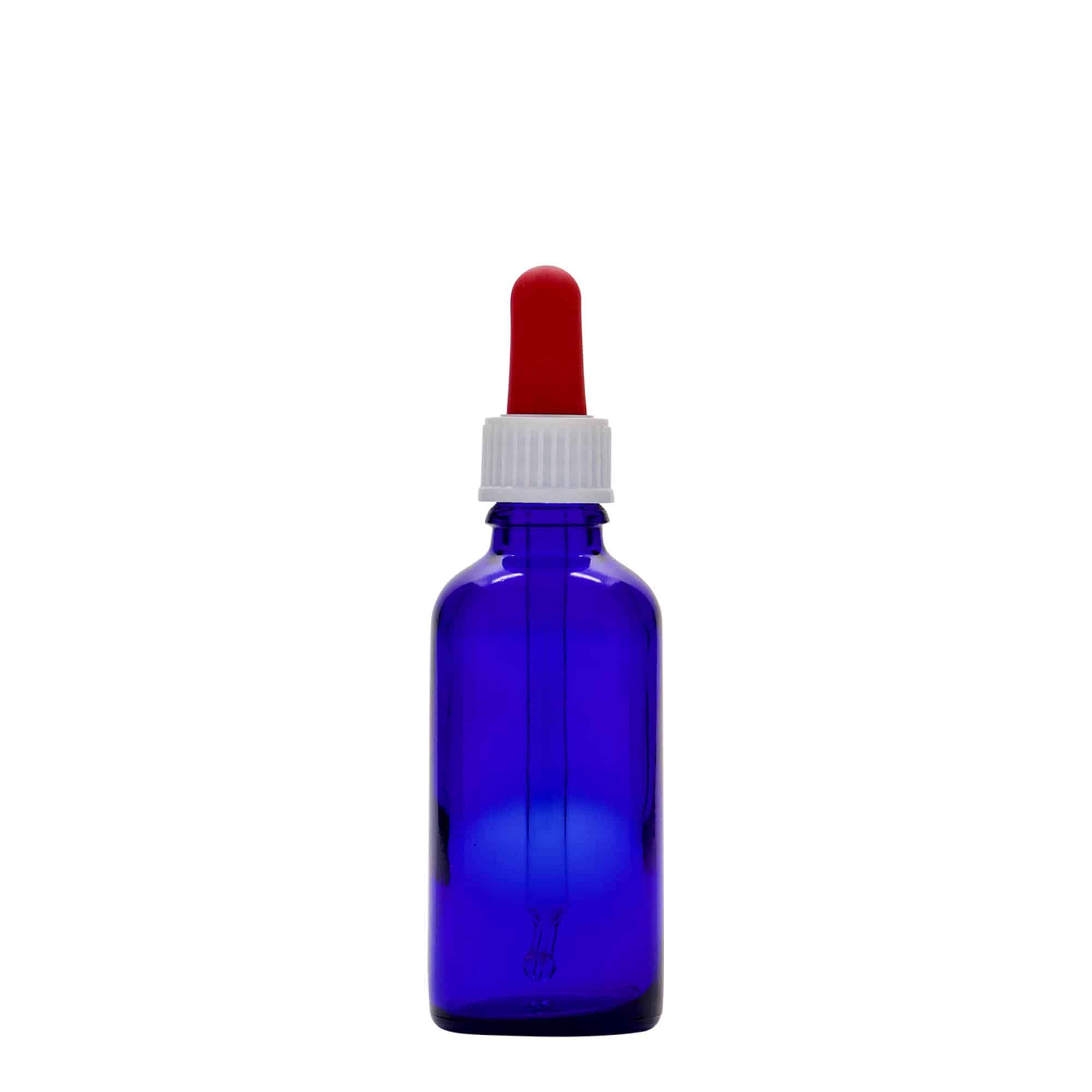50 ml butelka farmaceutyczna z pipetą, szkło, kolor błękit królewski i czerwony, zamknięcie: DIN 18 50 ml butelka farmaceutyczna z pipetą, szkło, kolor błękit królewski i czerwony, zamknięcie: DIN 18