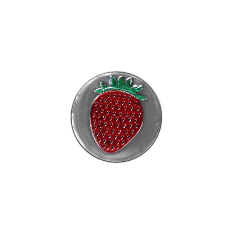 Etykieta cynowa „Truskawka”, okrągła, metalowa, srebrna Etykieta cynowa „Truskawka”, okrągła, metalowa, srebrna