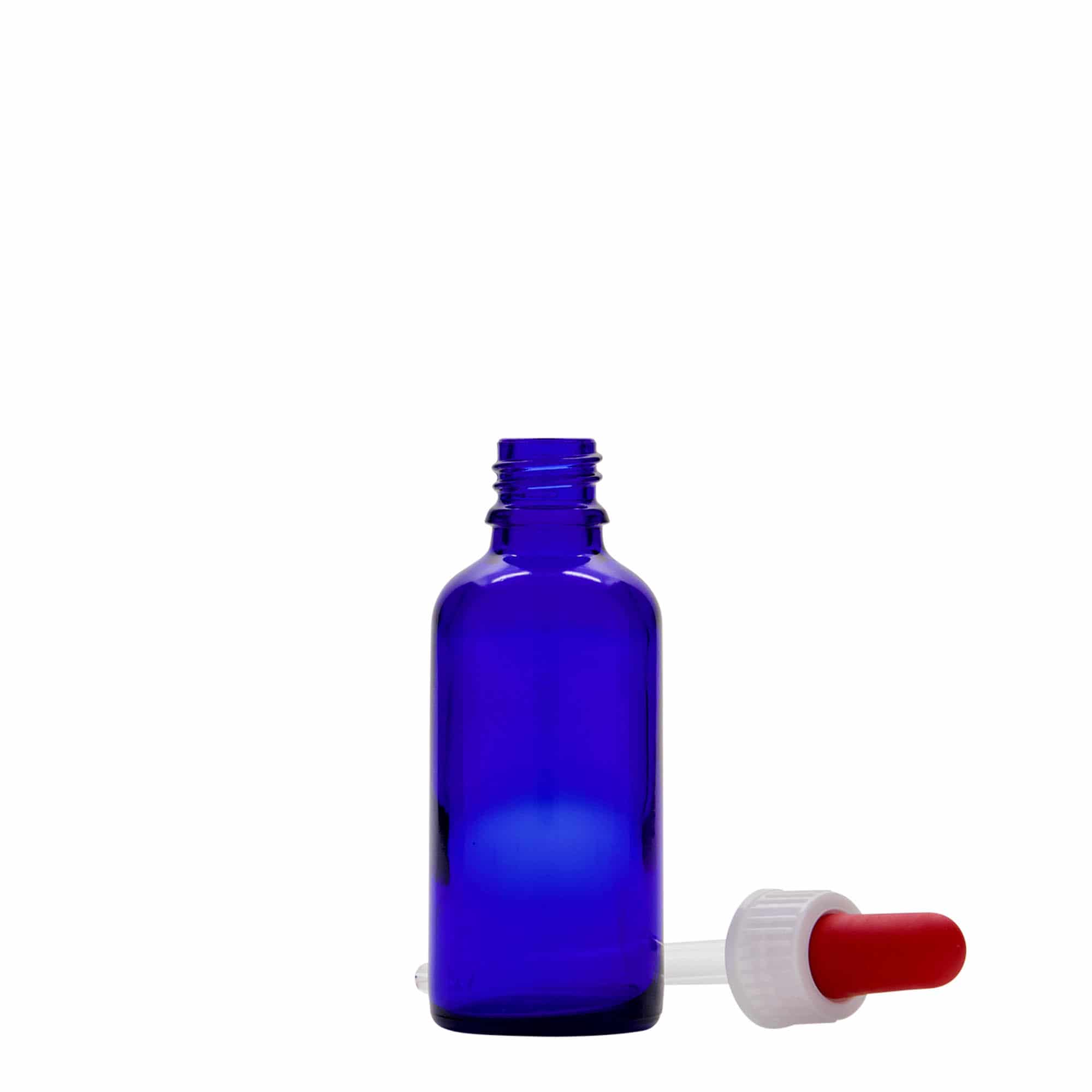 50 ml butelka farmaceutyczna z pipetą, szkło, kolor błękit królewski i czerwony, zamknięcie: DIN 18