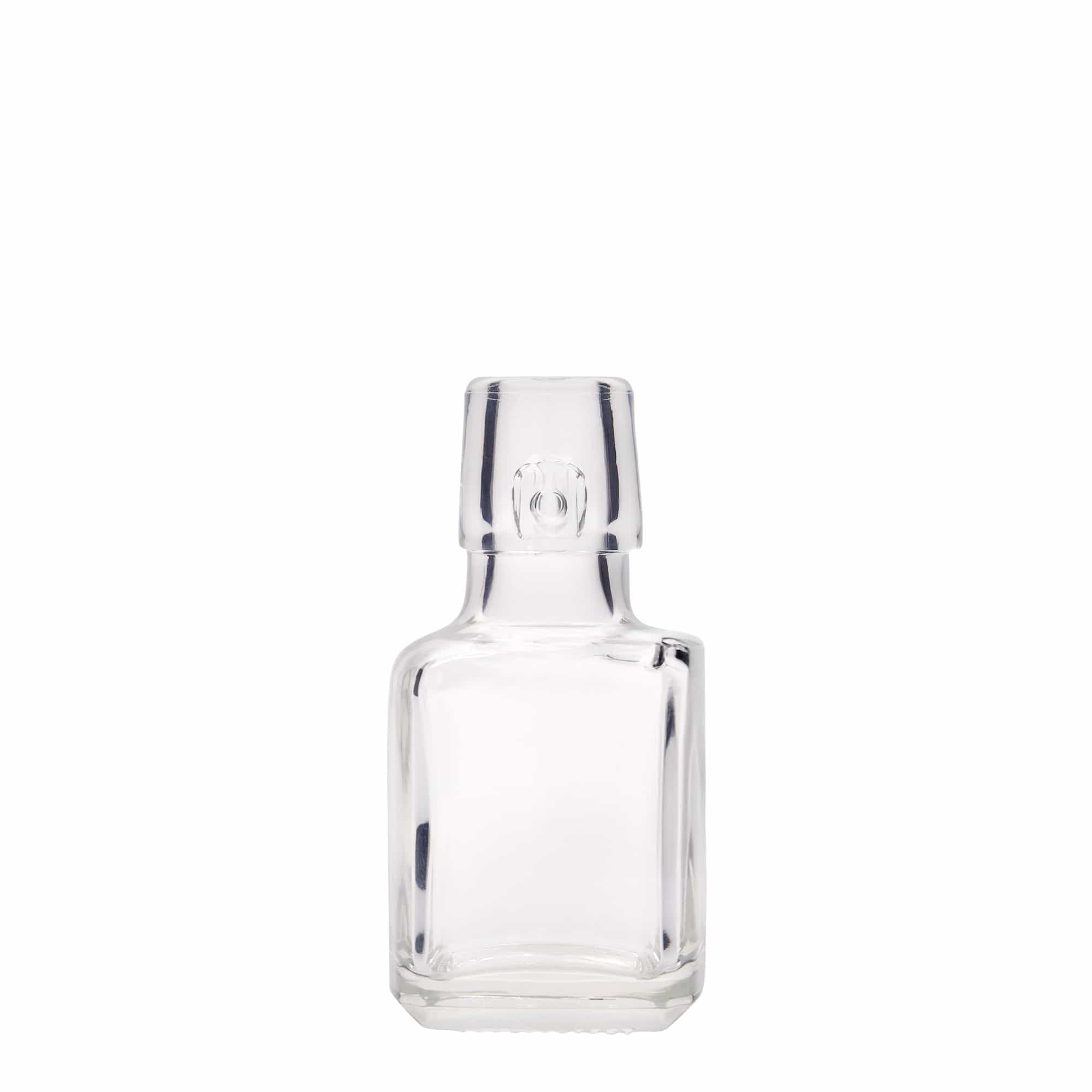 100 ml butelka szklana „Kubica”, kwadratowa, wylot: zamknięcie na klamrę 100 ml butelka szklana „Kubica”, kwadratowa, wylot: zamknięcie na klamrę