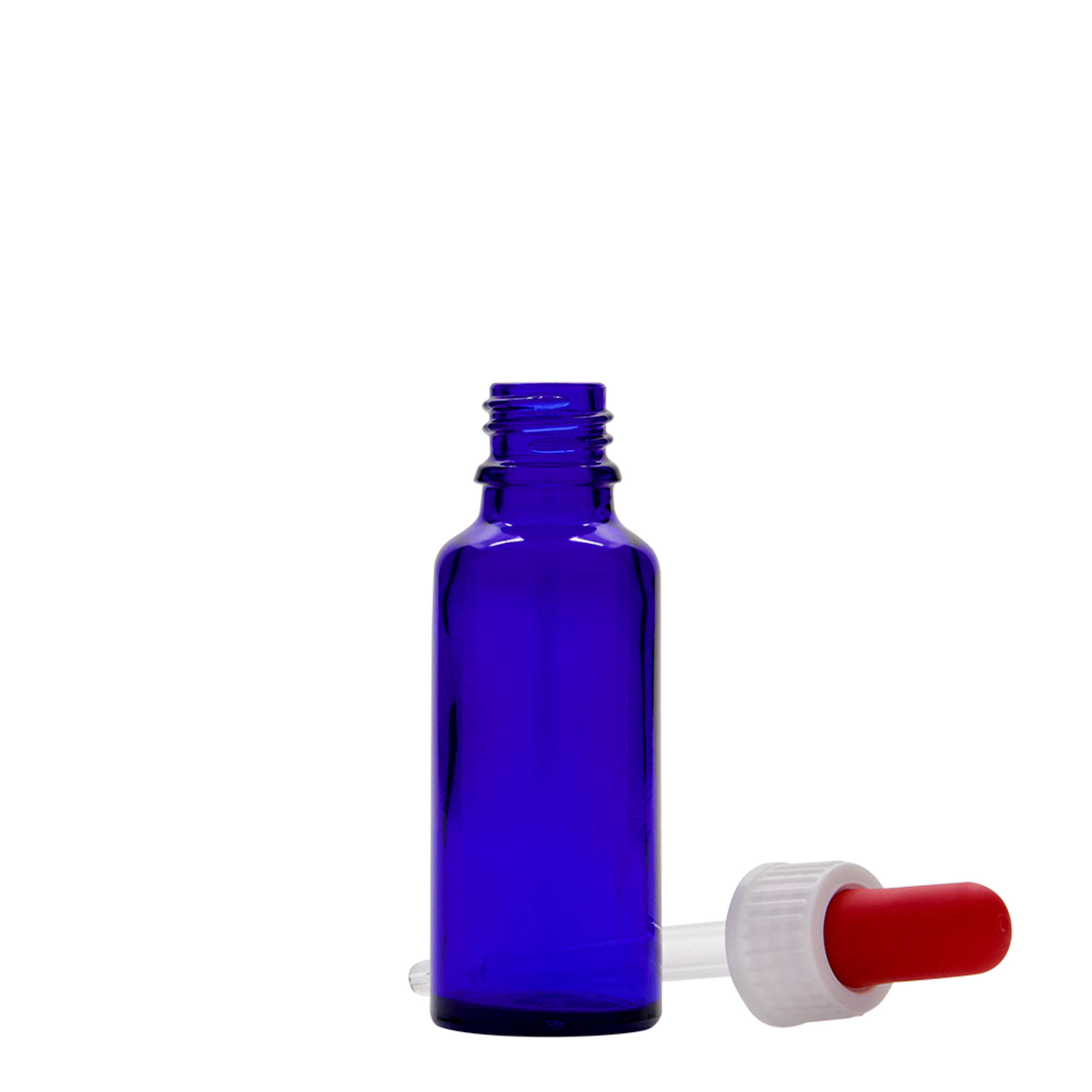 30 ml butelka z pipetą, medyczna, szkło, królewski niebiesko-czerwony, wylot: DIN 18 30 ml butelka z pipetą, medyczna, szkło, królewski niebiesko-czerwony, wylot: DIN 18