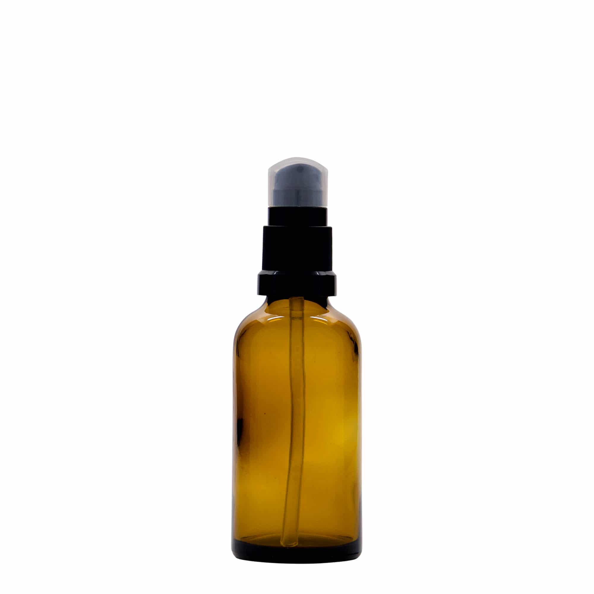 50 ml butelka farmaceutyczna z pompką do emulsji, szkło, kolor brązowy, zamknięcie: DIN 18 50 ml butelka farmaceutyczna z pompką do emulsji, szkło, kolor brązowy, zamknięcie: DIN 18