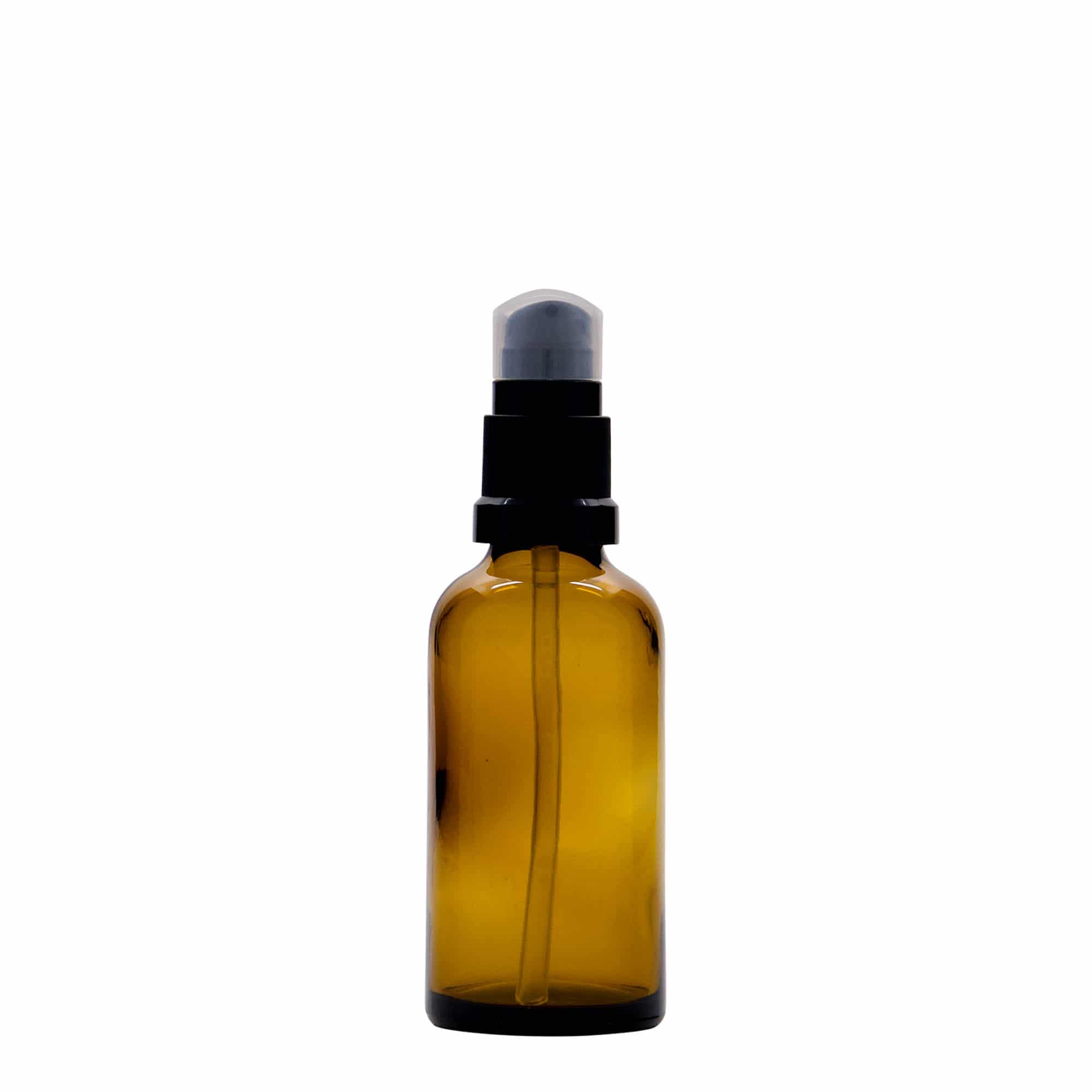 50 ml butelka medyczna z pompką do lotionu, szkło, brązowa, szyjka: DIN 18